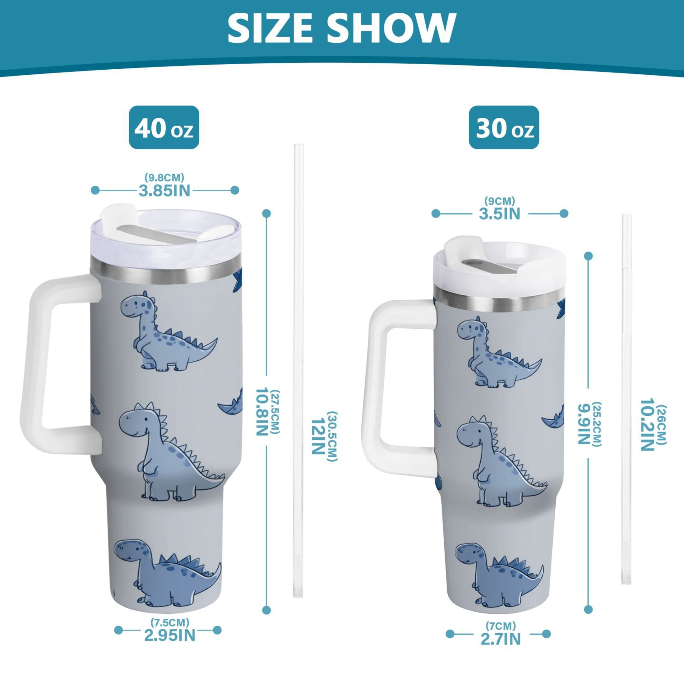 30 oz Insulated Stainless Steel Tumbler Double Wall Stainless Steel Tumbler with 2-Way Drinking Cute Blue Dinosaurs - 9QJB