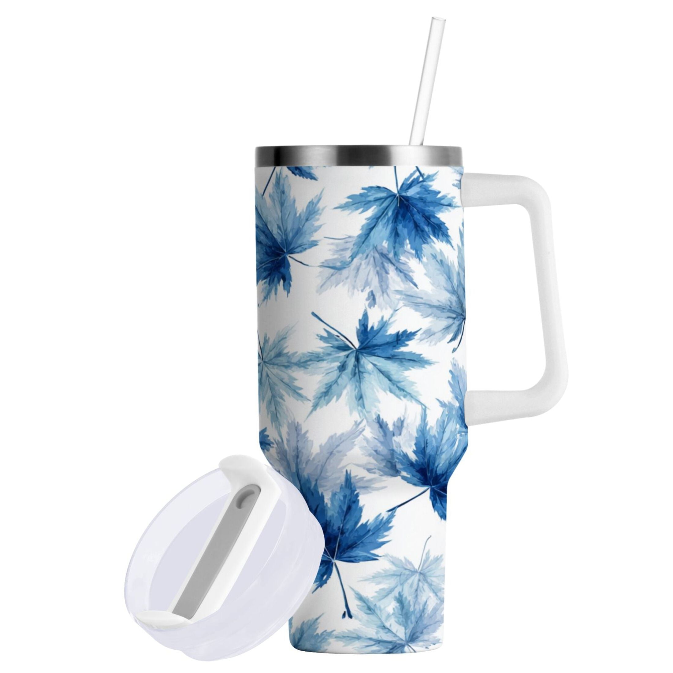 30 oz Insulated Stainless Steel Tumbler Double Wall Stainless Steel Tumbler with 2-Way Drinking Abstract Blue Maple Leaves - FTCE
