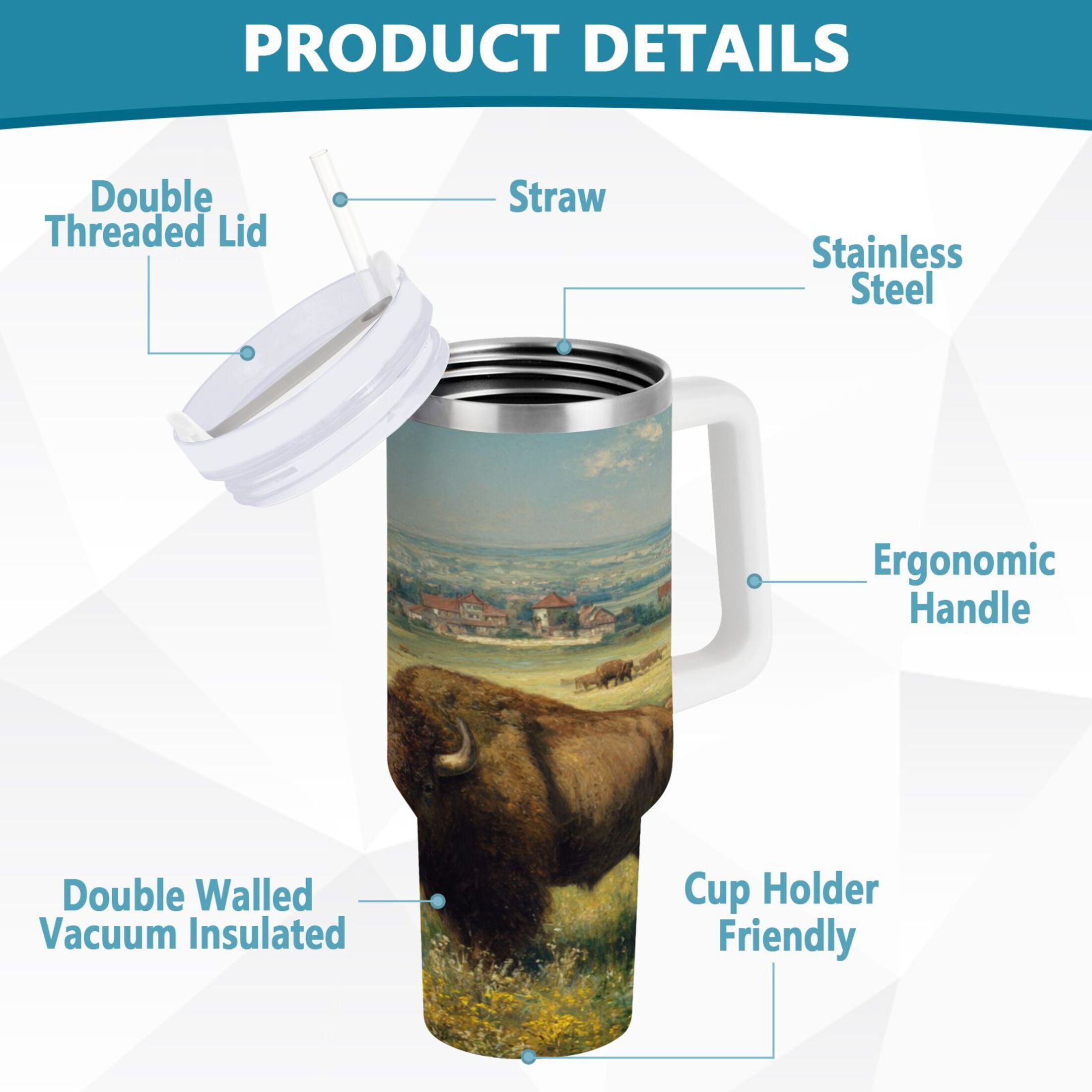 30 oz Insulated Stainless Steel Tumbler Double Wall Stainless Steel Tumbler with 2-Way Drinking Buffalo Herd Oil Painting - 6HHS