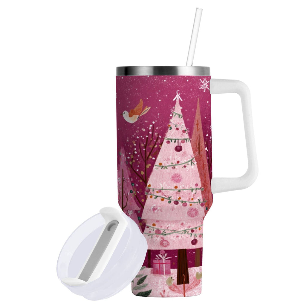 40 oz Insulated Stainless Steel Tumbler Double Wall Stainless Steel Tumbler with 2-Way Drinking Pink Christmas Forest - UL72