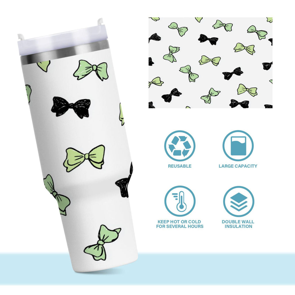 40 oz Insulated Stainless Steel Tumbler Double Wall Stainless Steel Tumbler with 2-Way Drinking Green and Black Bows - 99W2