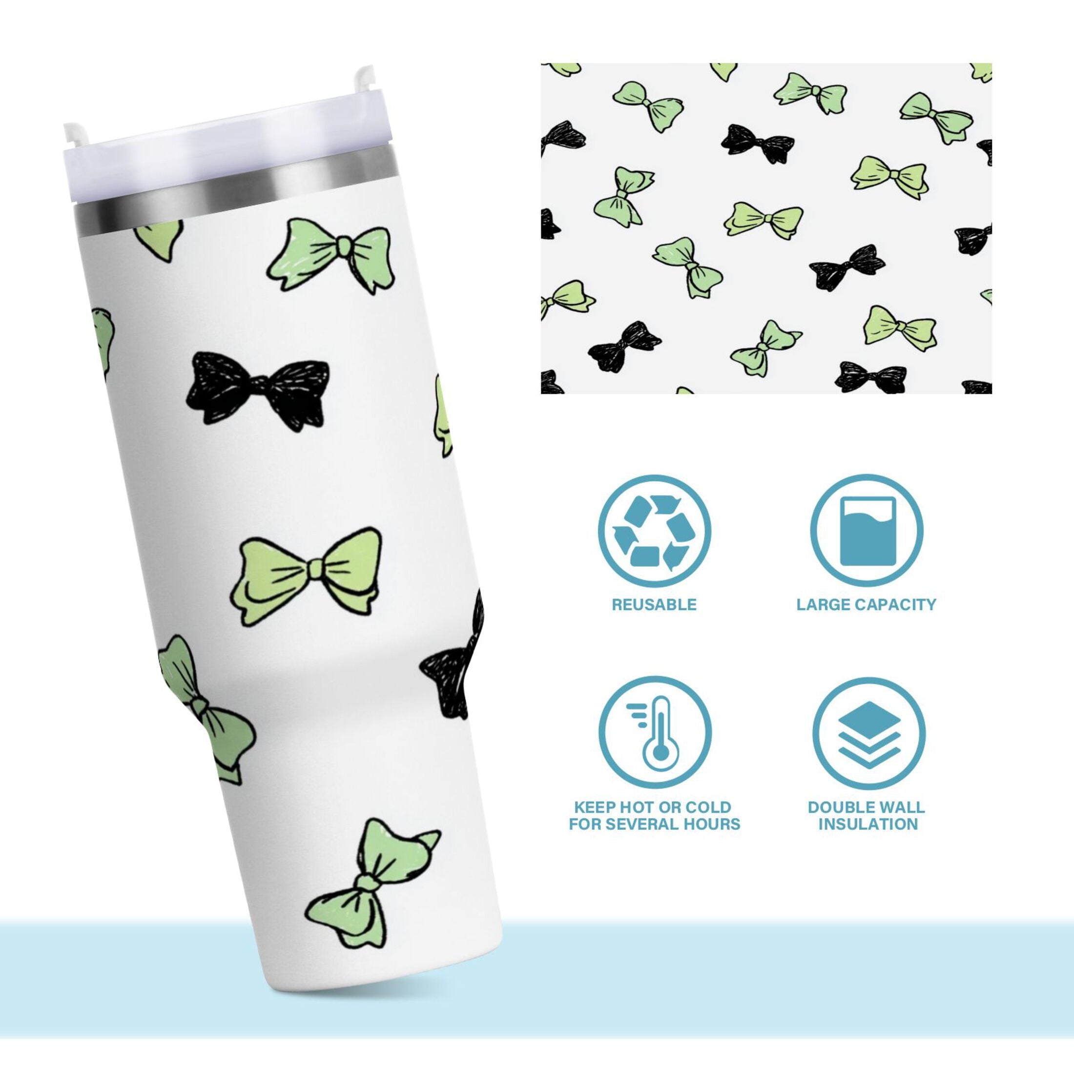 40 oz Insulated Stainless Steel Tumbler Double Wall Stainless Steel Tumbler with 2-Way Drinking Green and Black Bows - 99W2