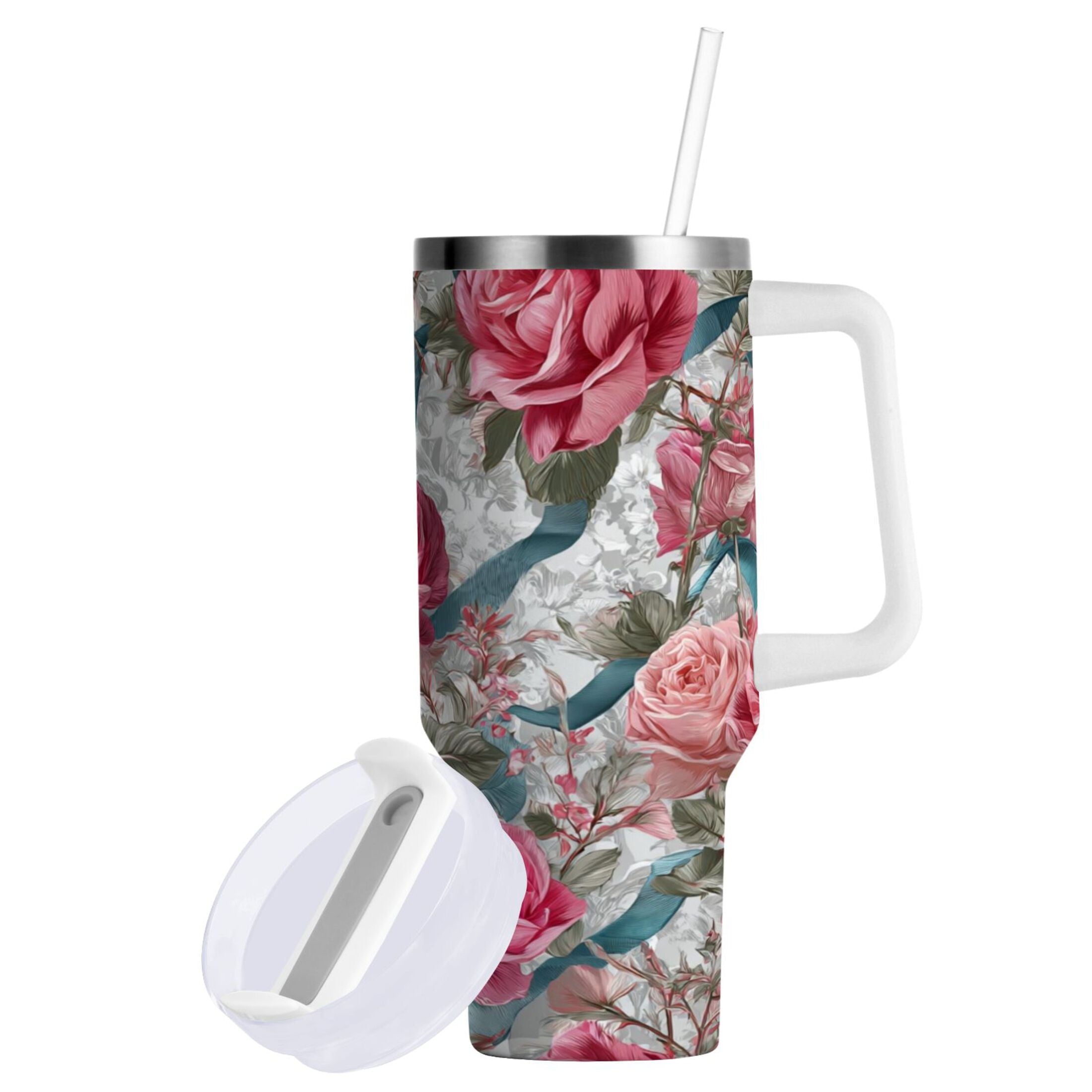 30 oz Insulated Stainless Steel Tumbler Double Wall Stainless Steel Tumbler with 2-Way Drinking Roses and Ribbons - R476