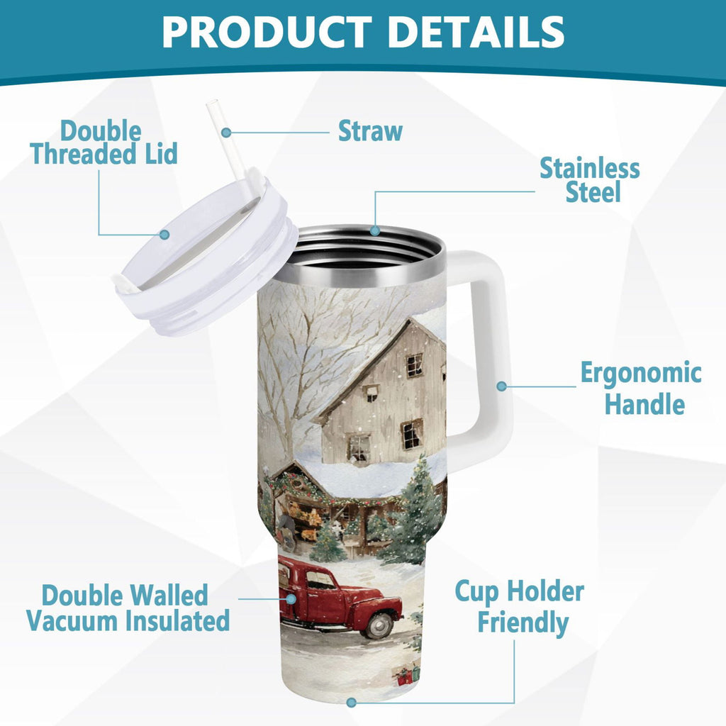 40 oz Insulated Stainless Steel Tumbler Double Wall Stainless Steel Tumbler with 2-Way Drinking Farm Snow Scene - 7ZPX