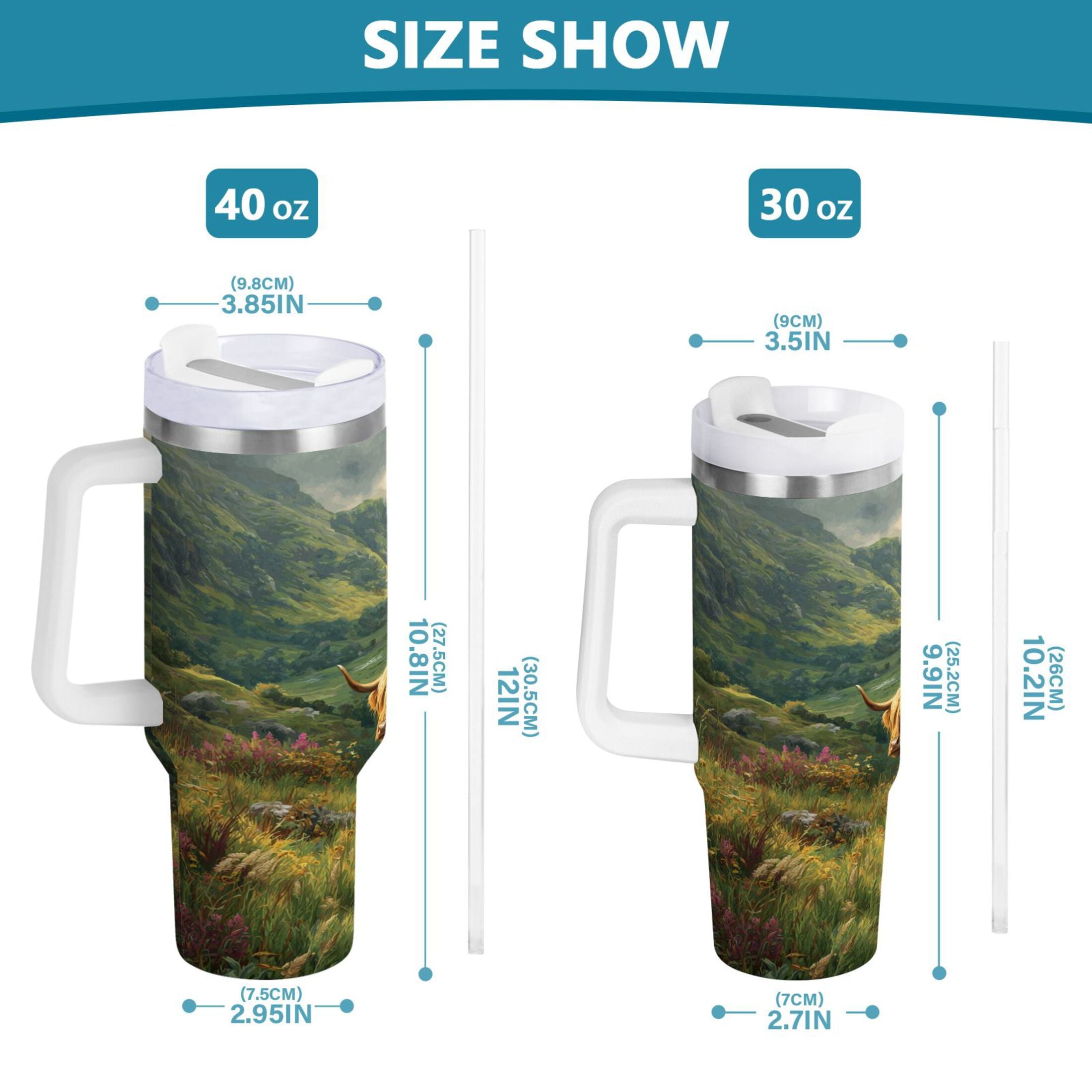 30 oz Insulated Stainless Steel Tumbler Double Wall Stainless Steel Tumbler with 2-Way Drinking Cow in Green Rolling Hills - PQ9H
