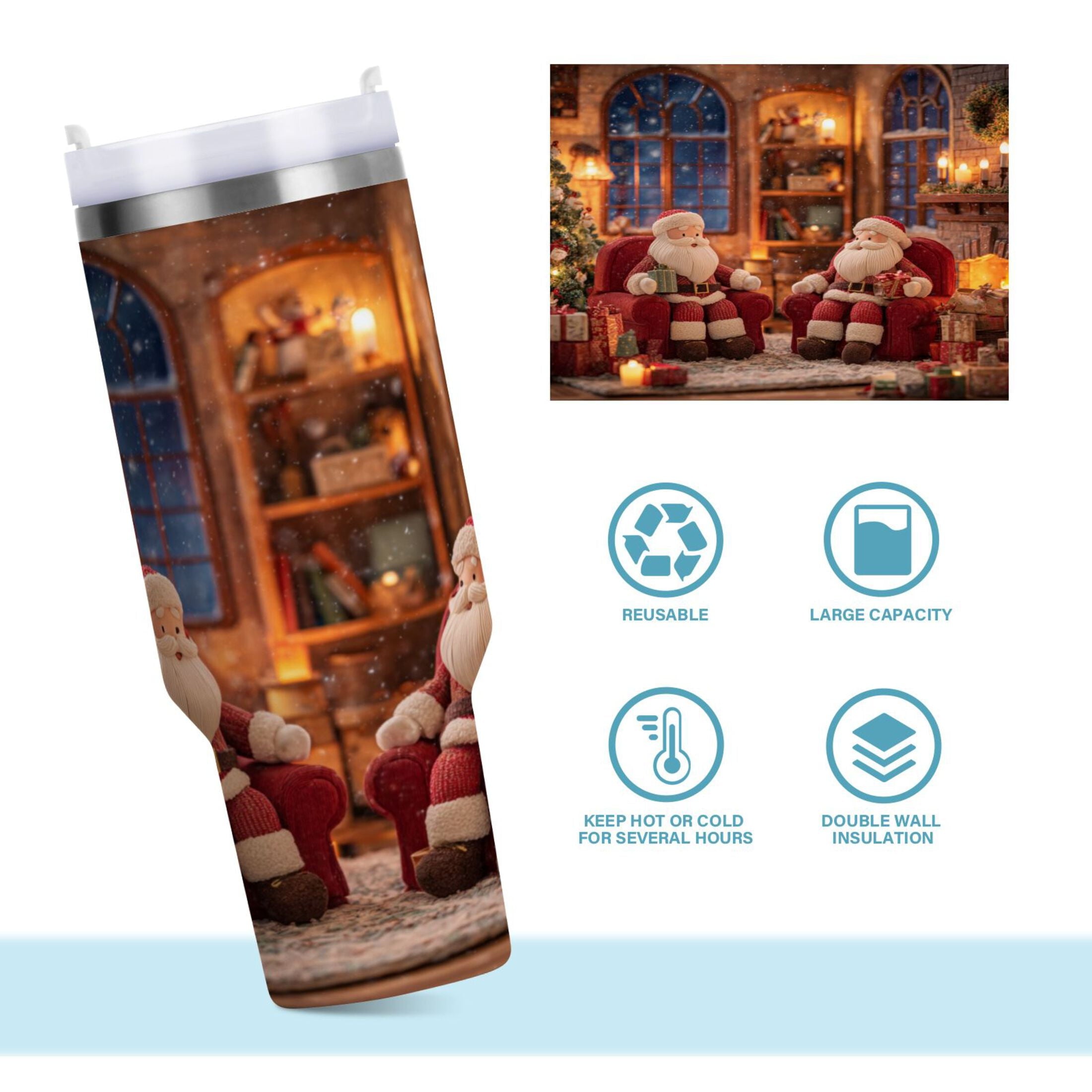 40 oz Insulated Stainless Steel Tumbler Double Wall Stainless Steel Tumbler with 2-Way Drinking Sitting Santa Claus - THC6