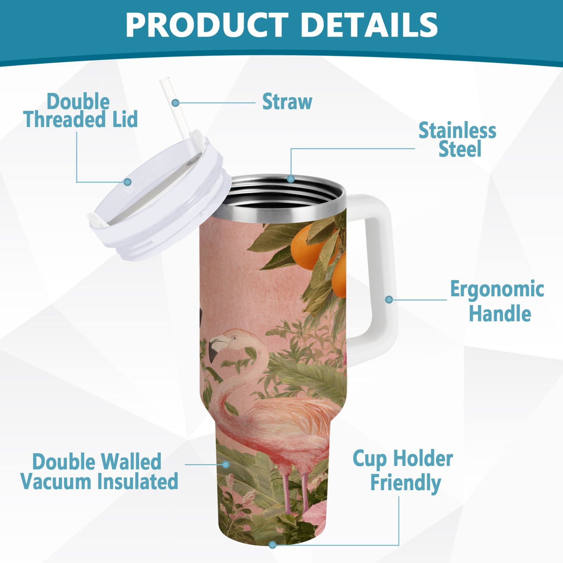 40 oz Insulated Stainless Steel Tumbler Double Wall Stainless Steel Tumbler with 2-Way Drinking Flamingos in Tropical Garden - D7RC