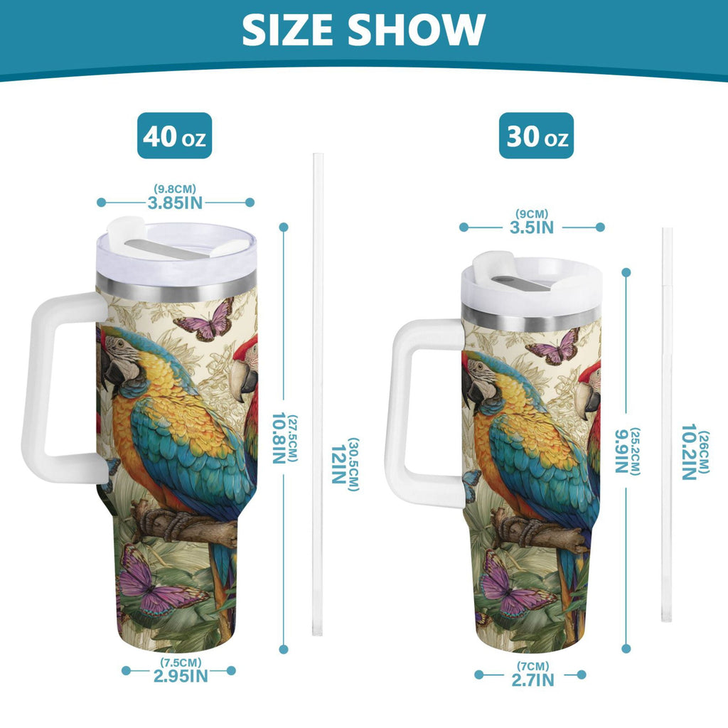 30 oz Insulated Stainless Steel Tumbler Double Wall Stainless Steel Tumbler with 2-Way Drinking Colorful Beautiful Parrots - BFBR