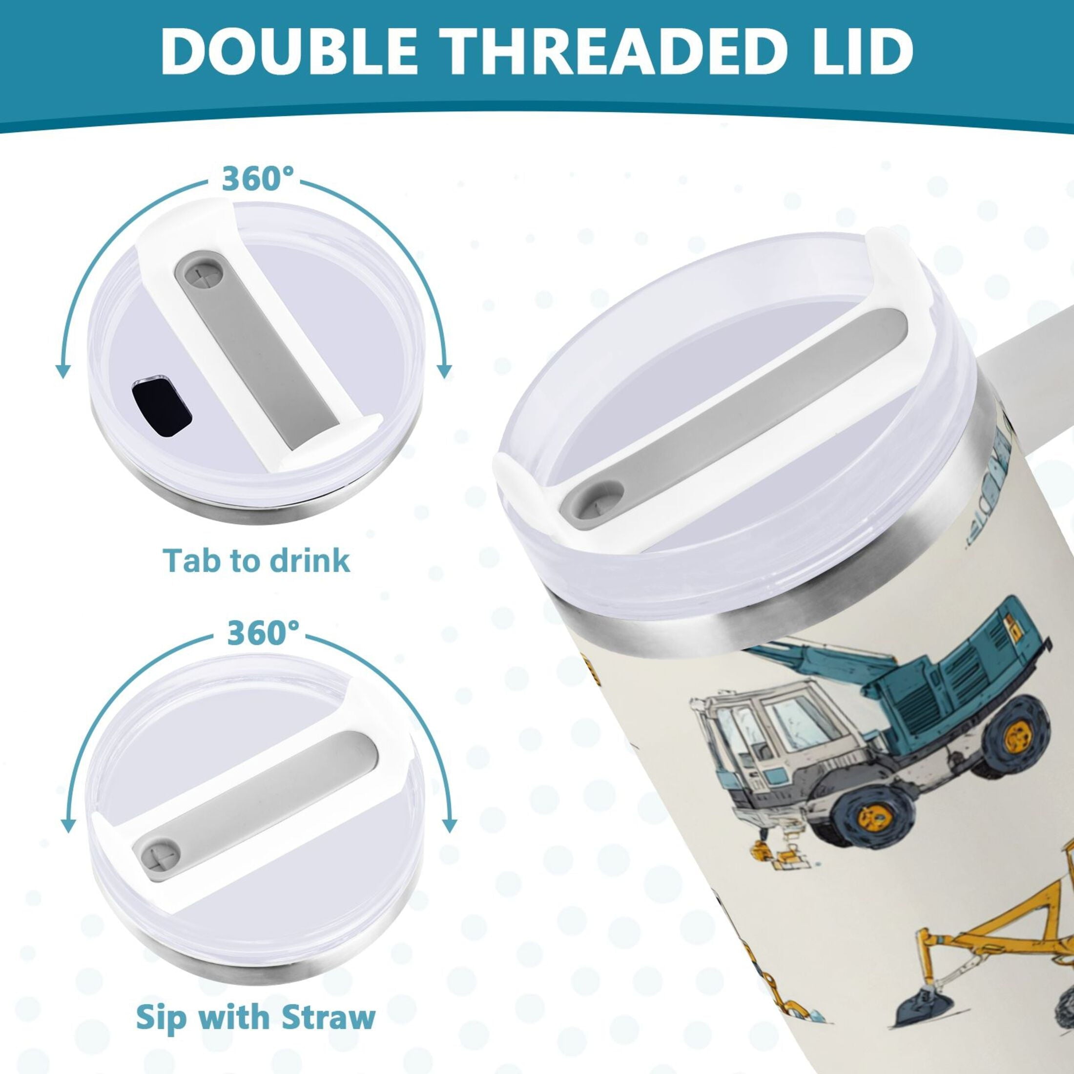30 oz Insulated Stainless Steel Tumbler Double Wall Stainless Steel Tumbler with 2-Way Drinking Engineering Vehicle Pattern - VZVR