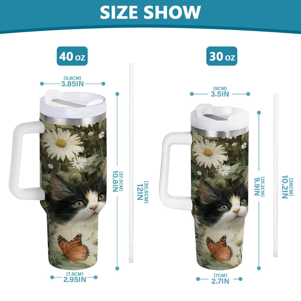 30 oz Insulated Stainless Steel Tumbler Double Wall Stainless Steel Tumbler with 2-Way Drinking Adorable Cats and Daisies - XUTJ