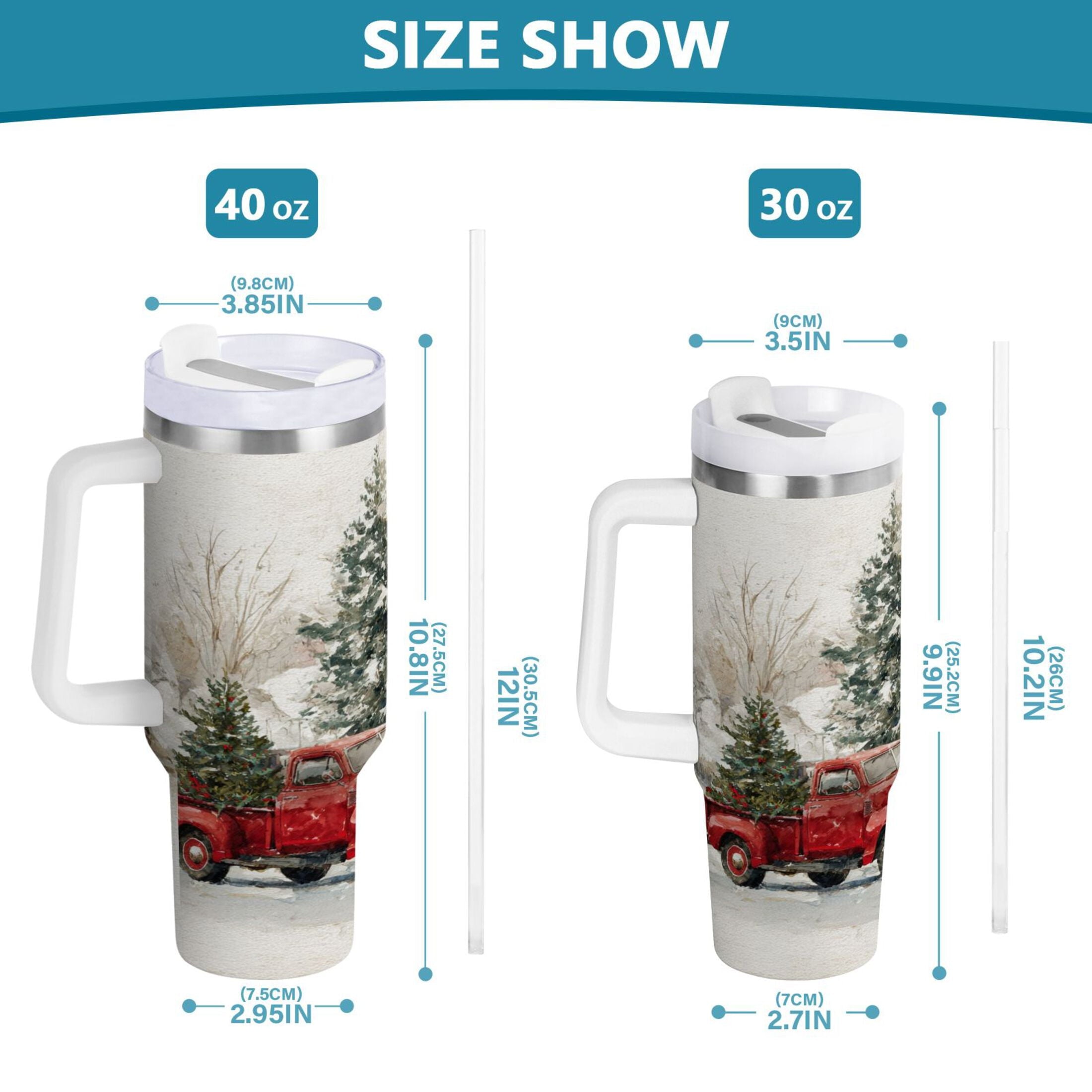 30 oz Insulated Stainless Steel Tumbler Double Wall Stainless Steel Tumbler with 2-Way Drinking Truck with Christmas Decorations - MPAG