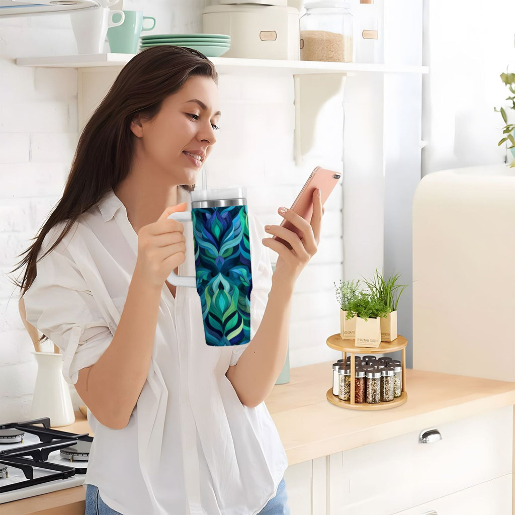 40 oz Insulated Stainless Steel Tumbler Double Wall Stainless Steel Tumbler with 2-Way Drinking Elegant Blue Abstract Shapes - 6YY7