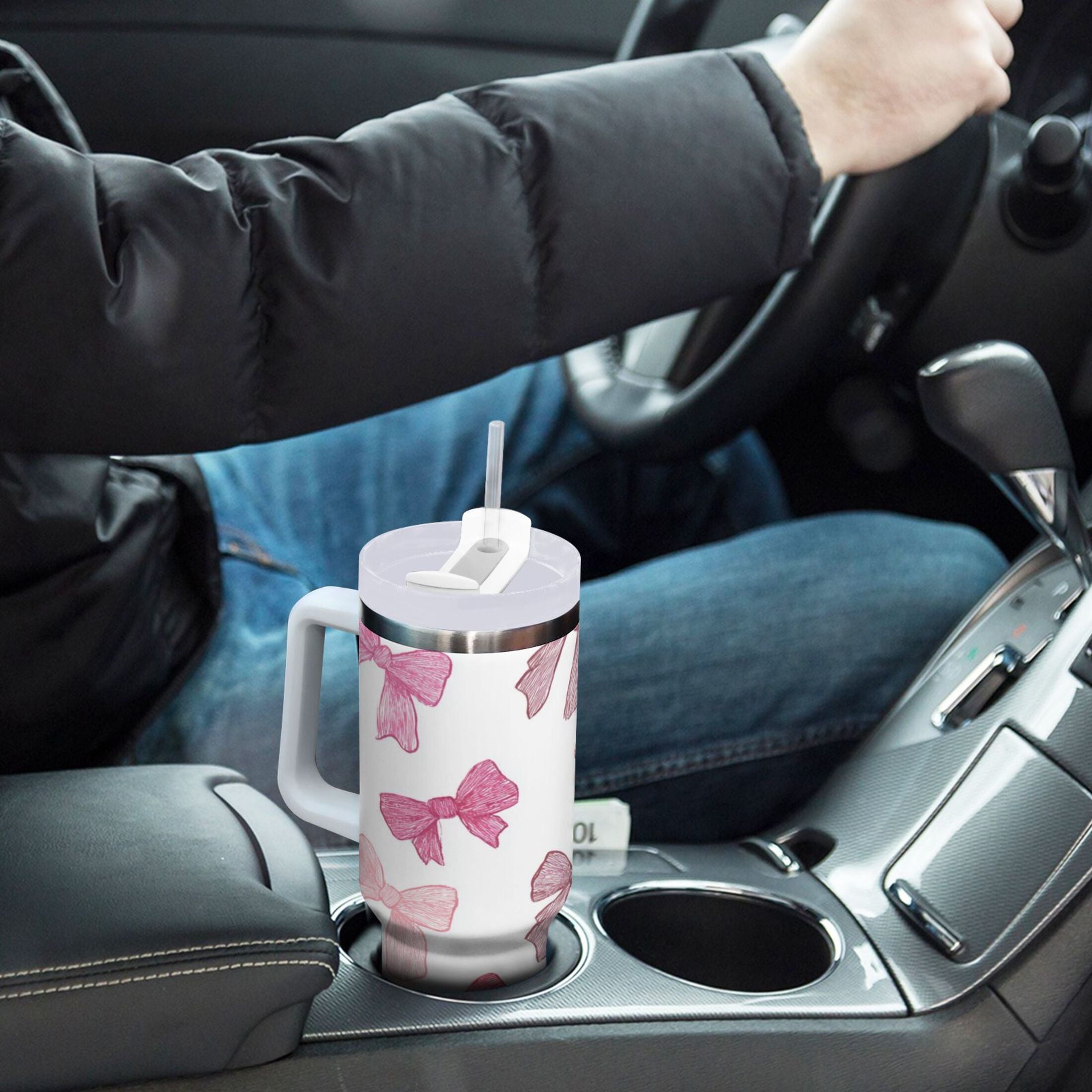 40 oz Insulated Stainless Steel Tumbler Double Wall Stainless Steel Tumbler with 2-Way Drinking Pink Bows Pattern - ENMN