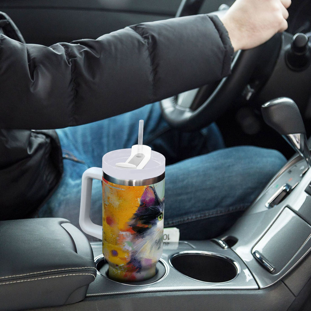 30 oz Insulated Stainless Steel Tumbler Double Wall Stainless Steel Tumbler with 2-Way Drinking Charming Hairy Cat - XXPK