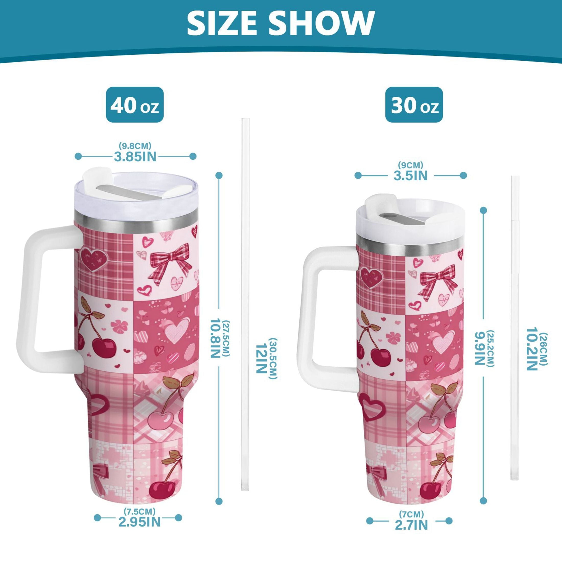 30 oz Insulated Stainless Steel Tumbler Double Wall Stainless Steel Tumbler with 2-Way Drinking Cherry Pattern with Bows - X9YM