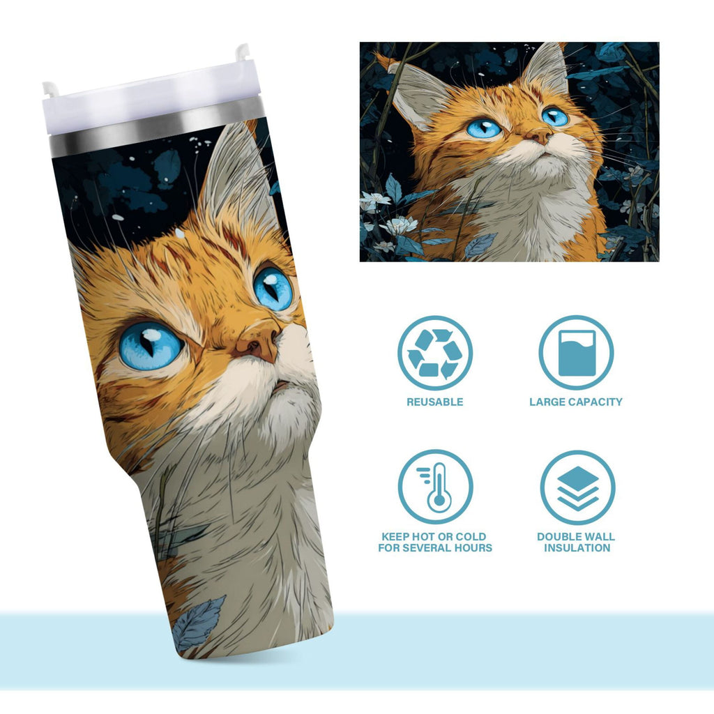 30 oz Insulated Stainless Steel Tumbler Double Wall Stainless Steel Tumbler with 2-Way Drinking Orange Cat with Blue Eyes - JJWJ