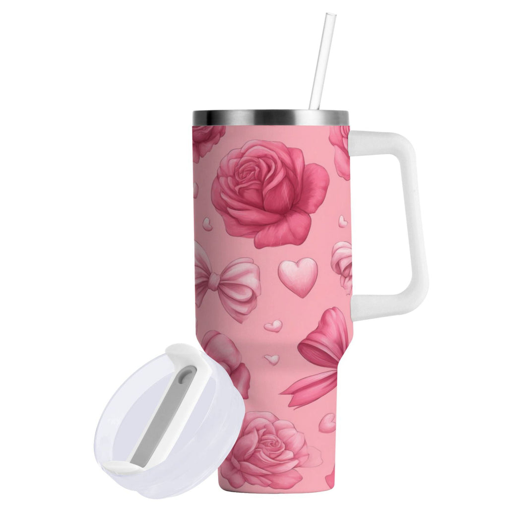 40 oz Insulated Stainless Steel Tumbler Double Wall Stainless Steel Tumbler with 2-Way Drinking Roses and Bows Pattern - C9RS