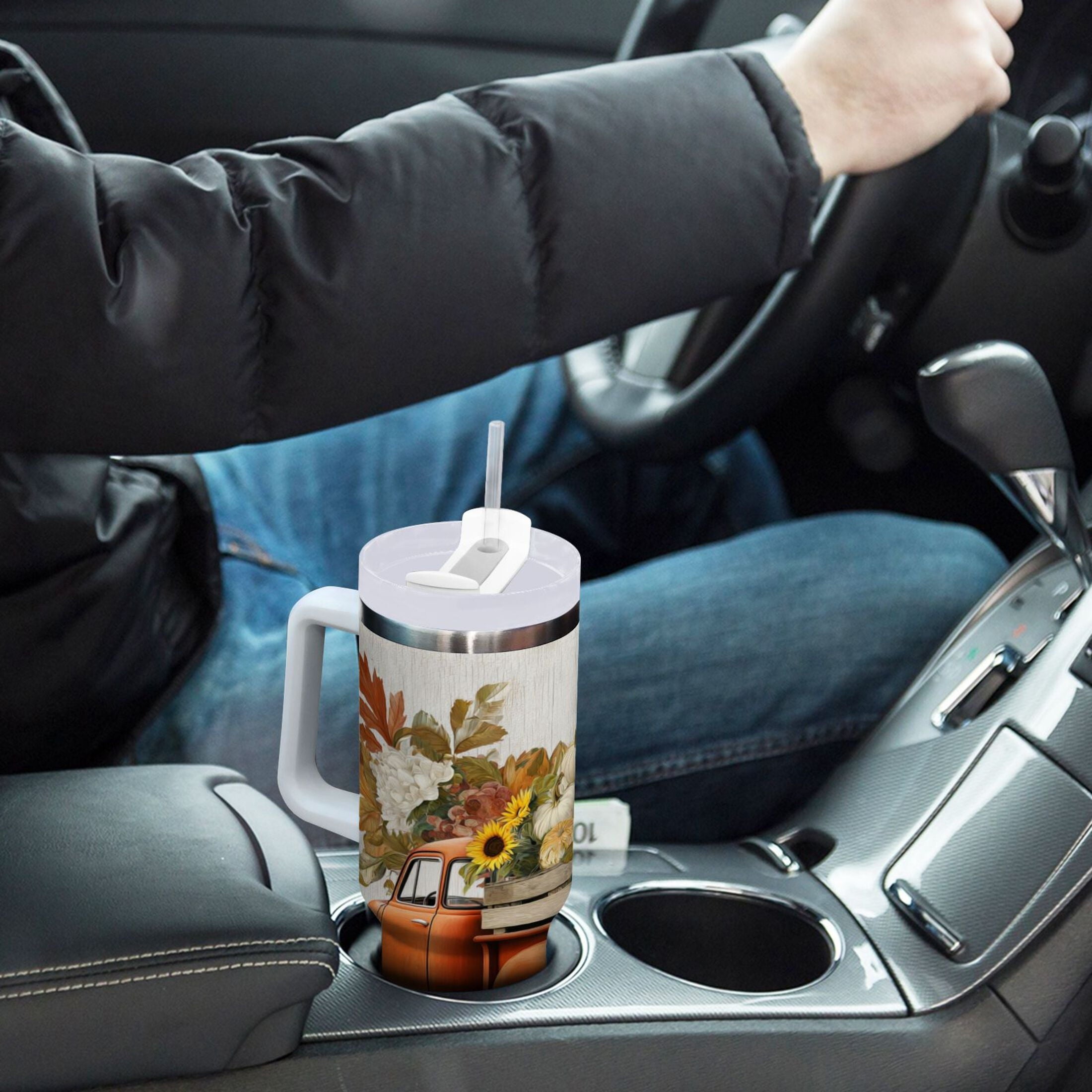 40 oz Insulated Stainless Steel Tumbler Double Wall Stainless Steel Tumbler with 2-Way Drinking Truck Full Of Pumpkins - 5EM8