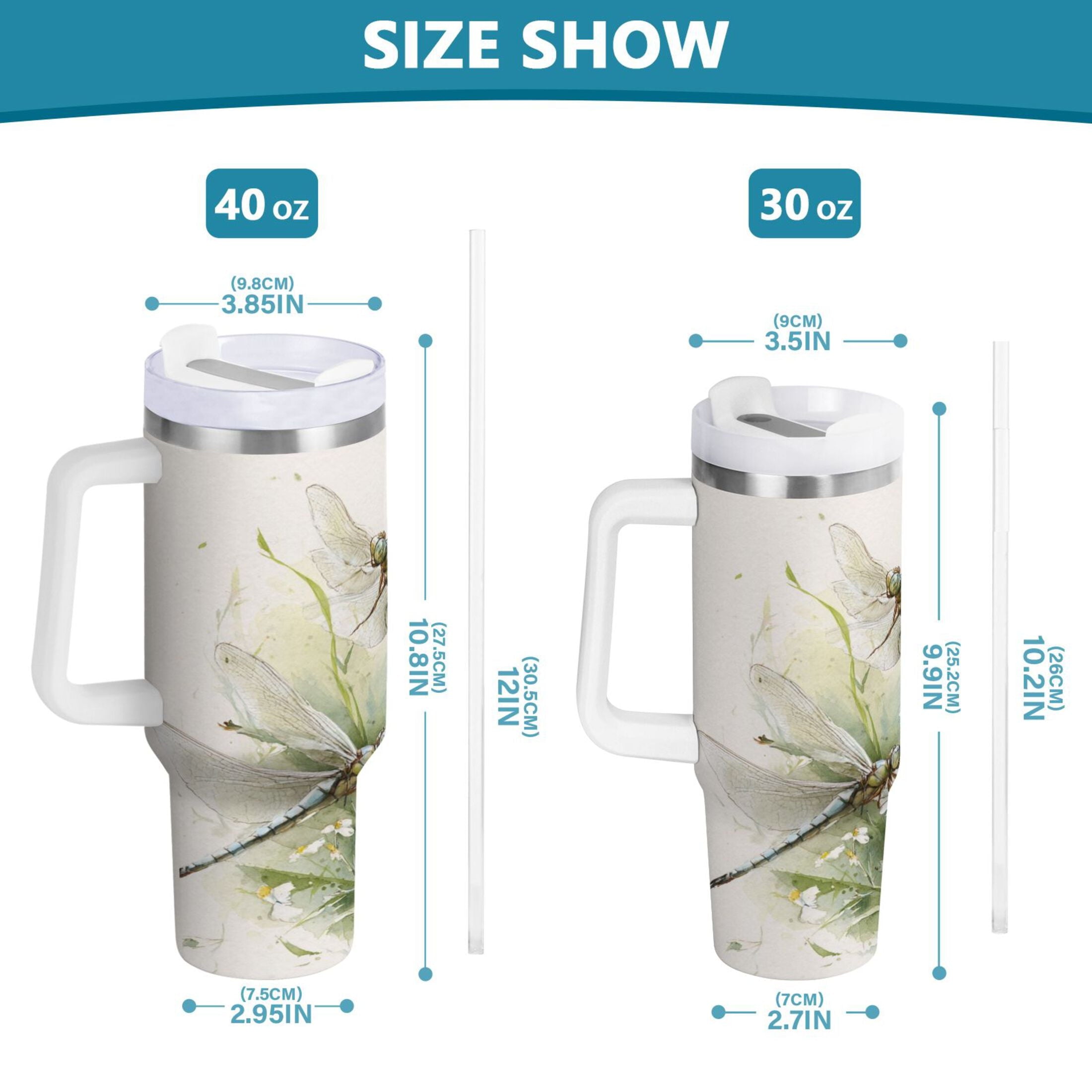 30 oz Insulated Stainless Steel Tumbler Double Wall Stainless Steel Tumbler with 2-Way Drinking Dragonflies with White Daisies - K9Q7