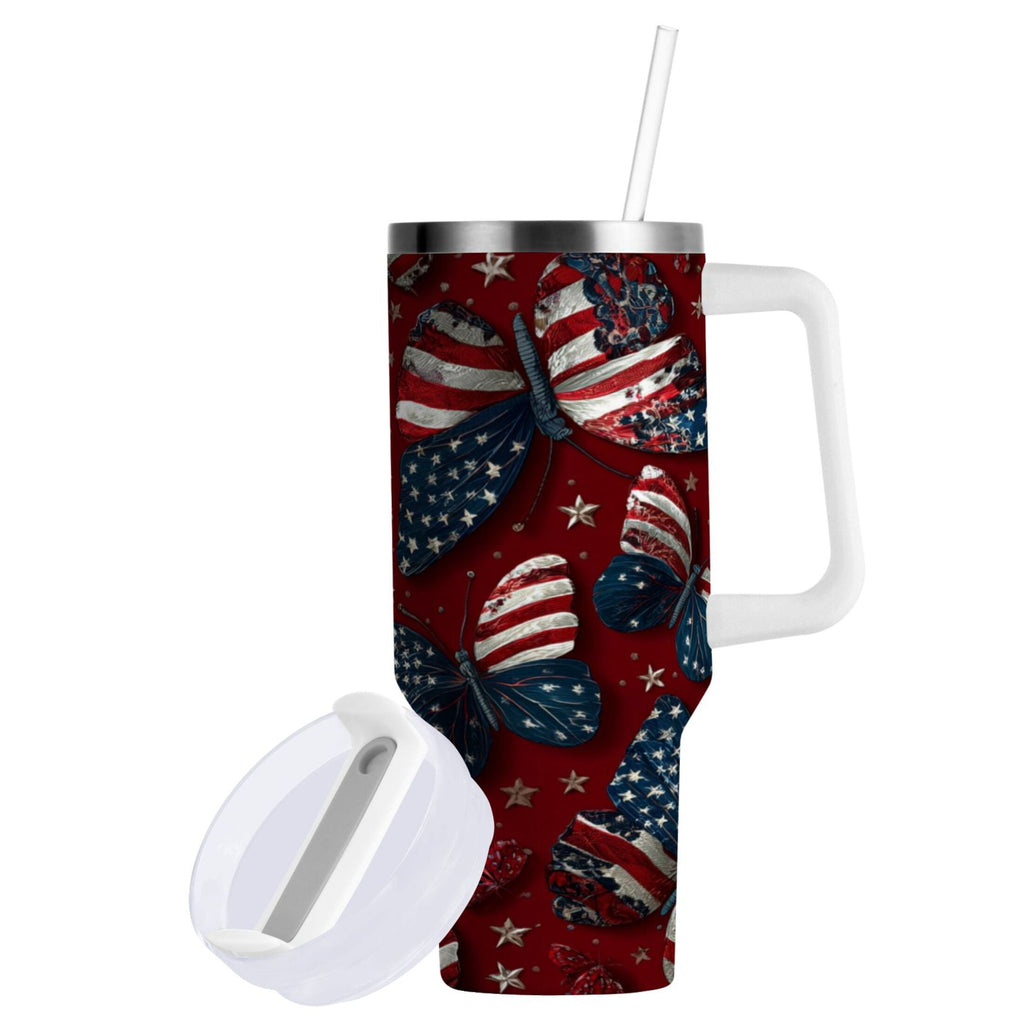 40 oz Insulated Stainless Steel Tumbler Double Wall Stainless Steel Tumbler with 2-Way Drinking Butterfly with National Flag - P7G7