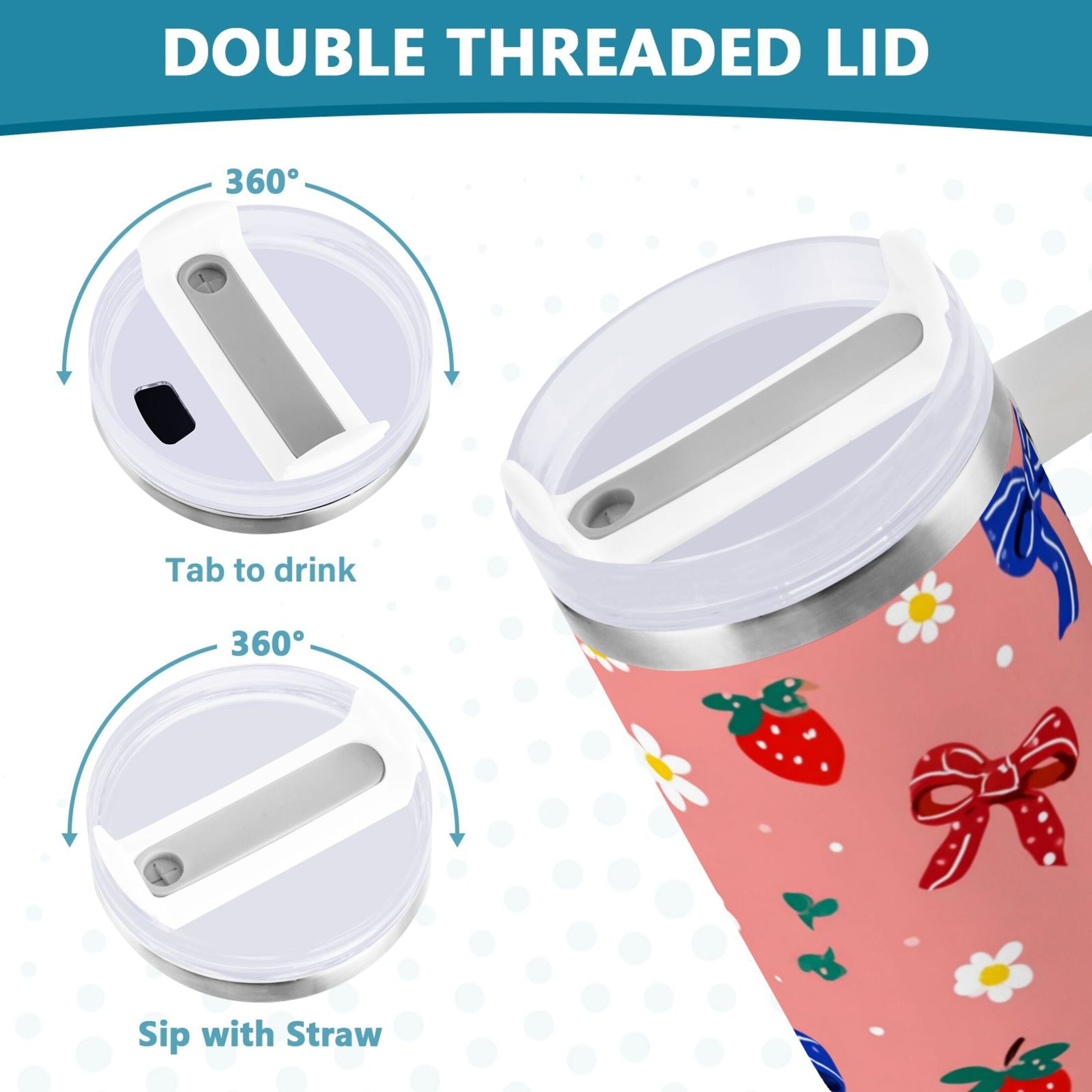 40 oz Insulated Stainless Steel Tumbler Double Wall Stainless Steel Tumbler with 2-Way Drinking Bows and Strawberries Pattern - TN3K