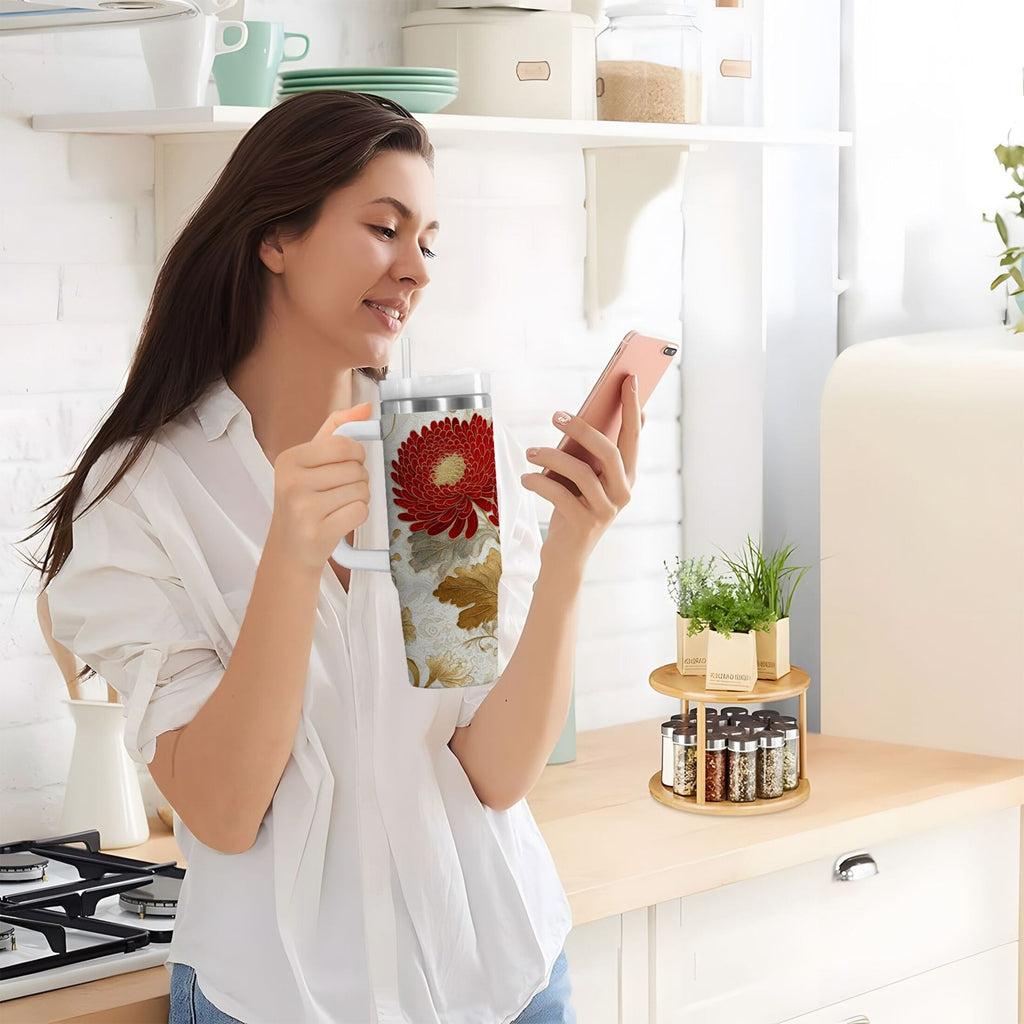 30 oz Insulated Stainless Steel Tumbler Double Wall Stainless Steel Tumbler with 2-Way Drinking Red Chrysanthemum Pattern - APW8