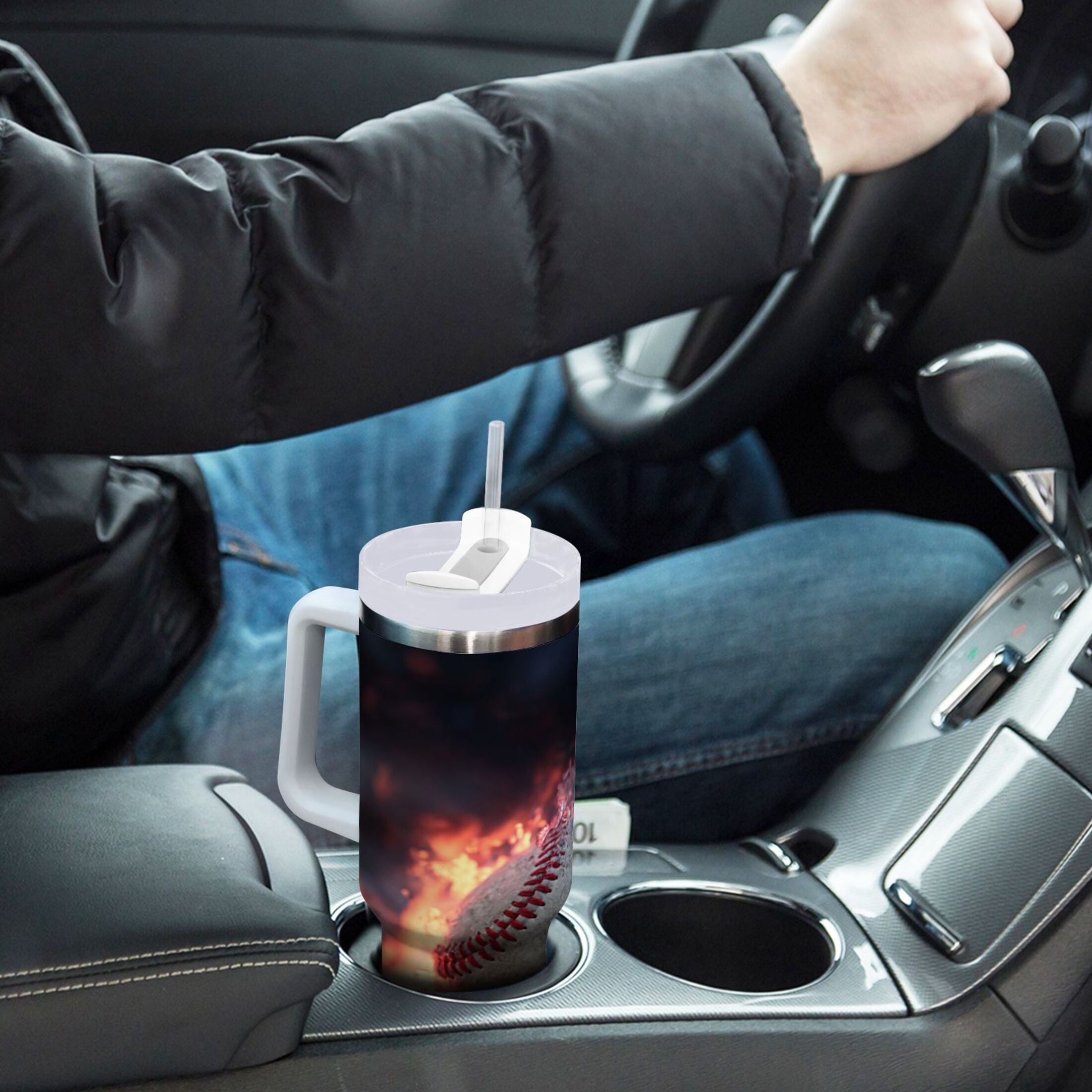 40 oz Insulated Stainless Steel Tumbler Double Wall Stainless Steel Tumbler with 2-Way Drinking Baseball with Water and Fire - SRGT