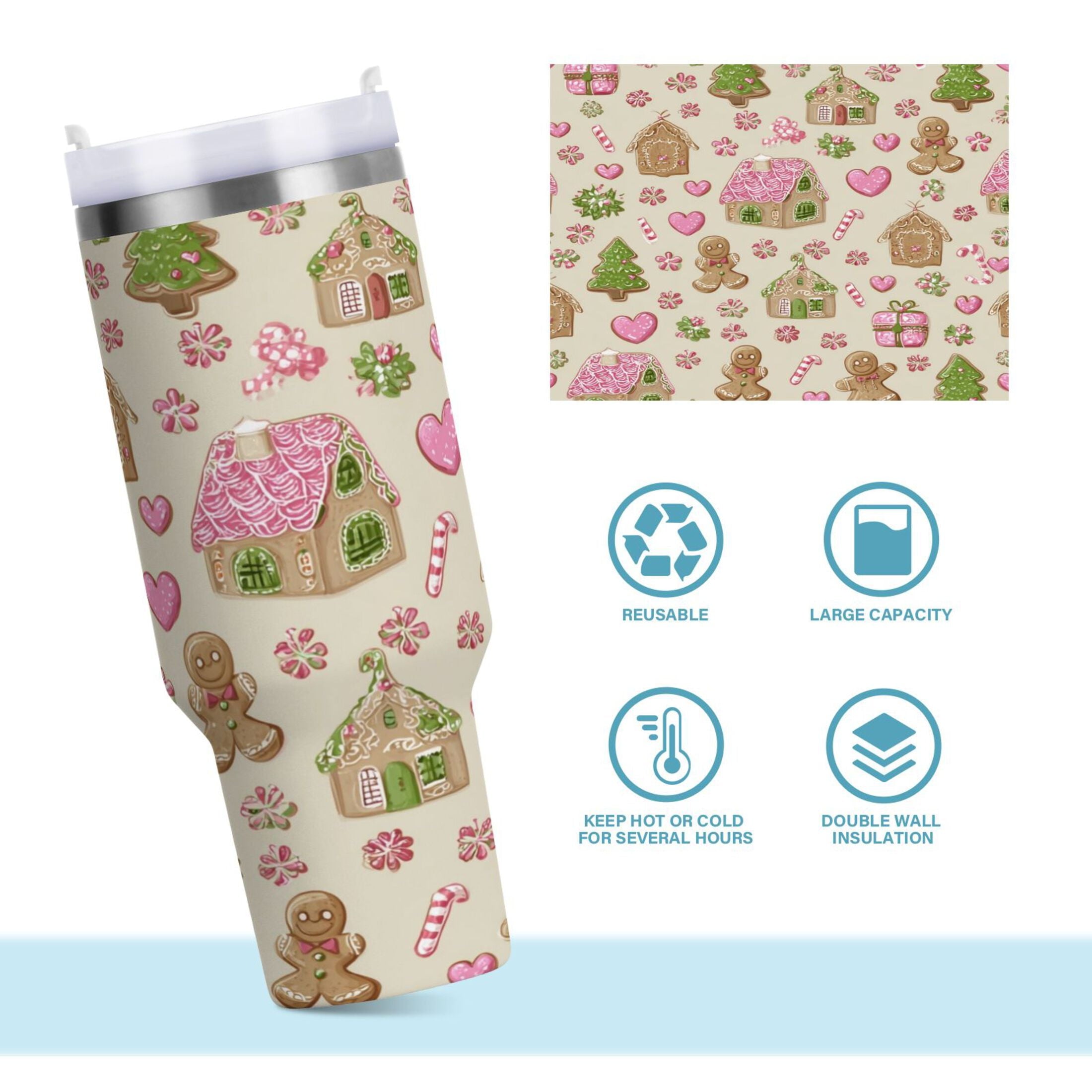 40 oz Insulated Stainless Steel Tumbler Double Wall Stainless Steel Tumbler with 2-Way Drinking Pink Cute Christmas Pattern - HMD4