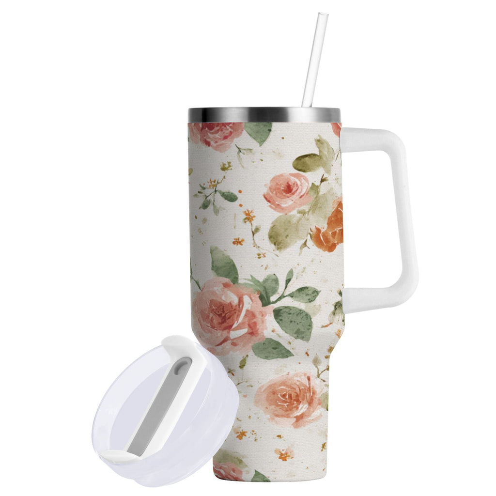 40 oz Insulated Stainless Steel Tumbler Double Wall Stainless Steel Tumbler with 2-Way Drinking Watercolor Rose Floral Pattern - SLDA