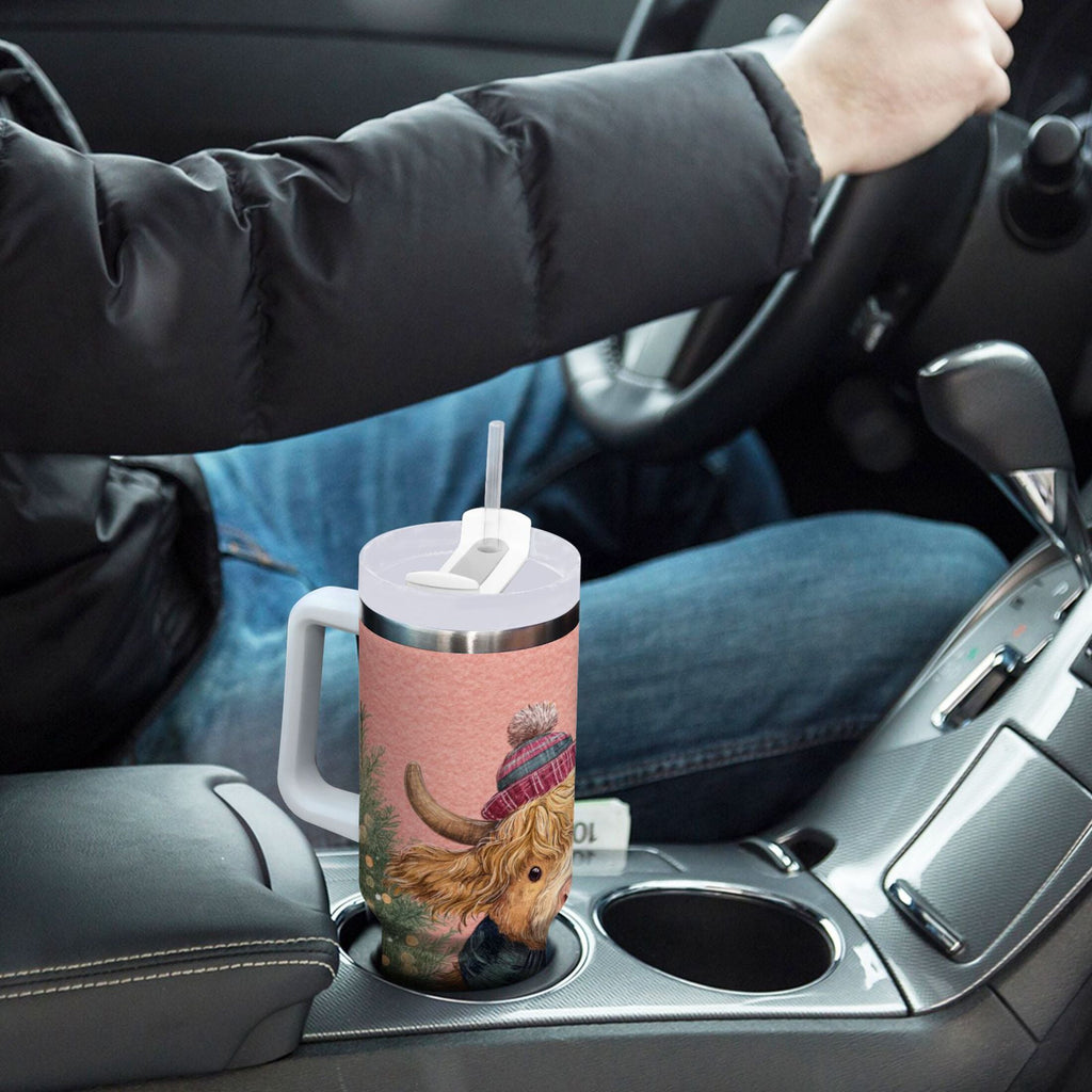 30 oz Insulated Stainless Steel Tumbler Double Wall Stainless Steel Tumbler with 2-Way Drinking Cow Wearing Scarf and Hat - RM7U