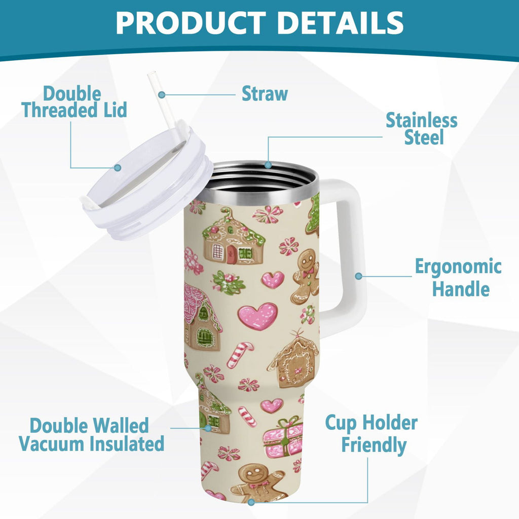 40 oz Insulated Stainless Steel Tumbler Double Wall Stainless Steel Tumbler with 2-Way Drinking Pink Cute Christmas Pattern - HMD4