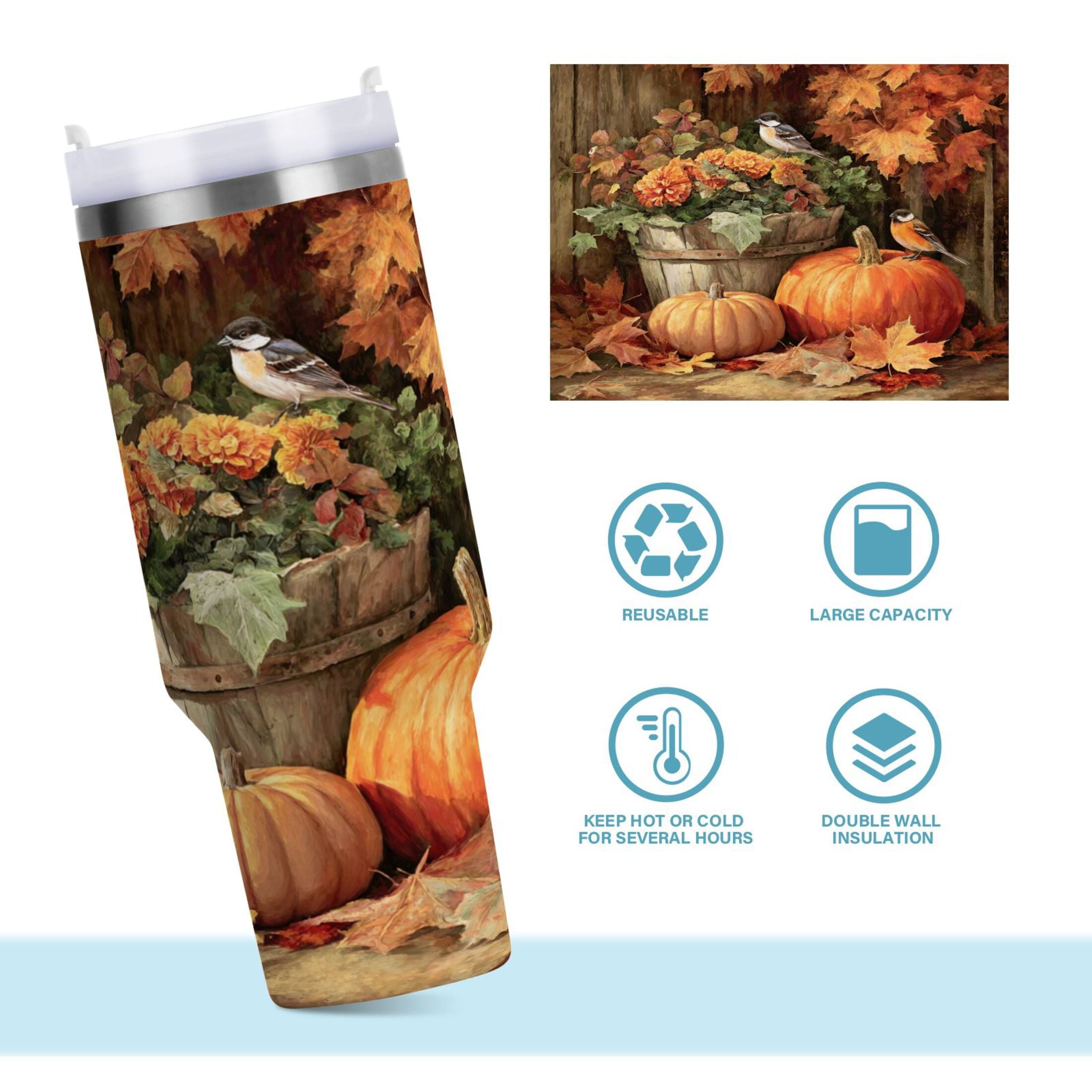 30 oz Insulated Stainless Steel Tumbler Double Wall Stainless Steel Tumbler with 2-Way Drinking Beautiful Fall Scene - J5KD
