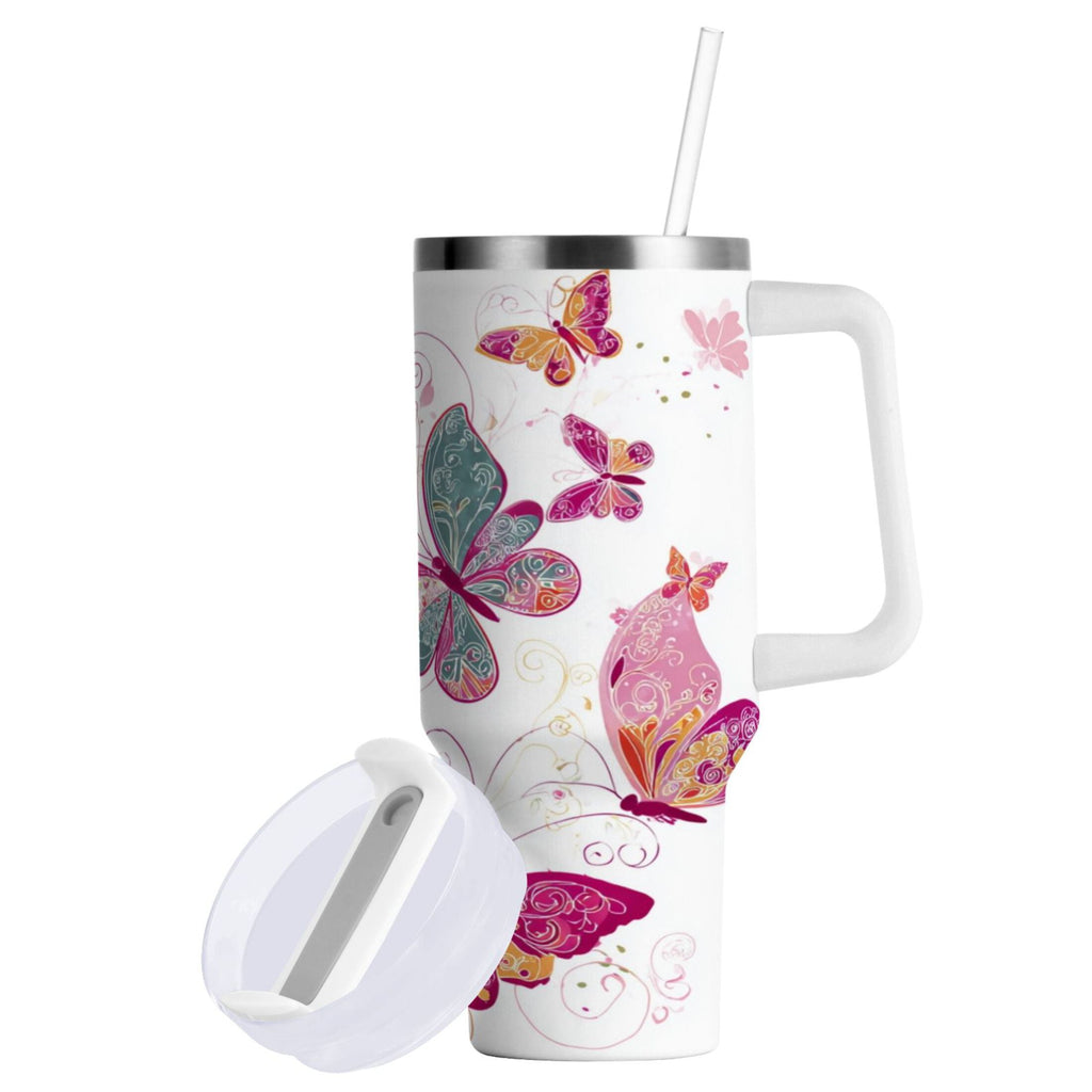30 oz Insulated Stainless Steel Tumbler Double Wall Stainless Steel Tumbler with 2-Way Drinking Colorful Butterflies - E5BF