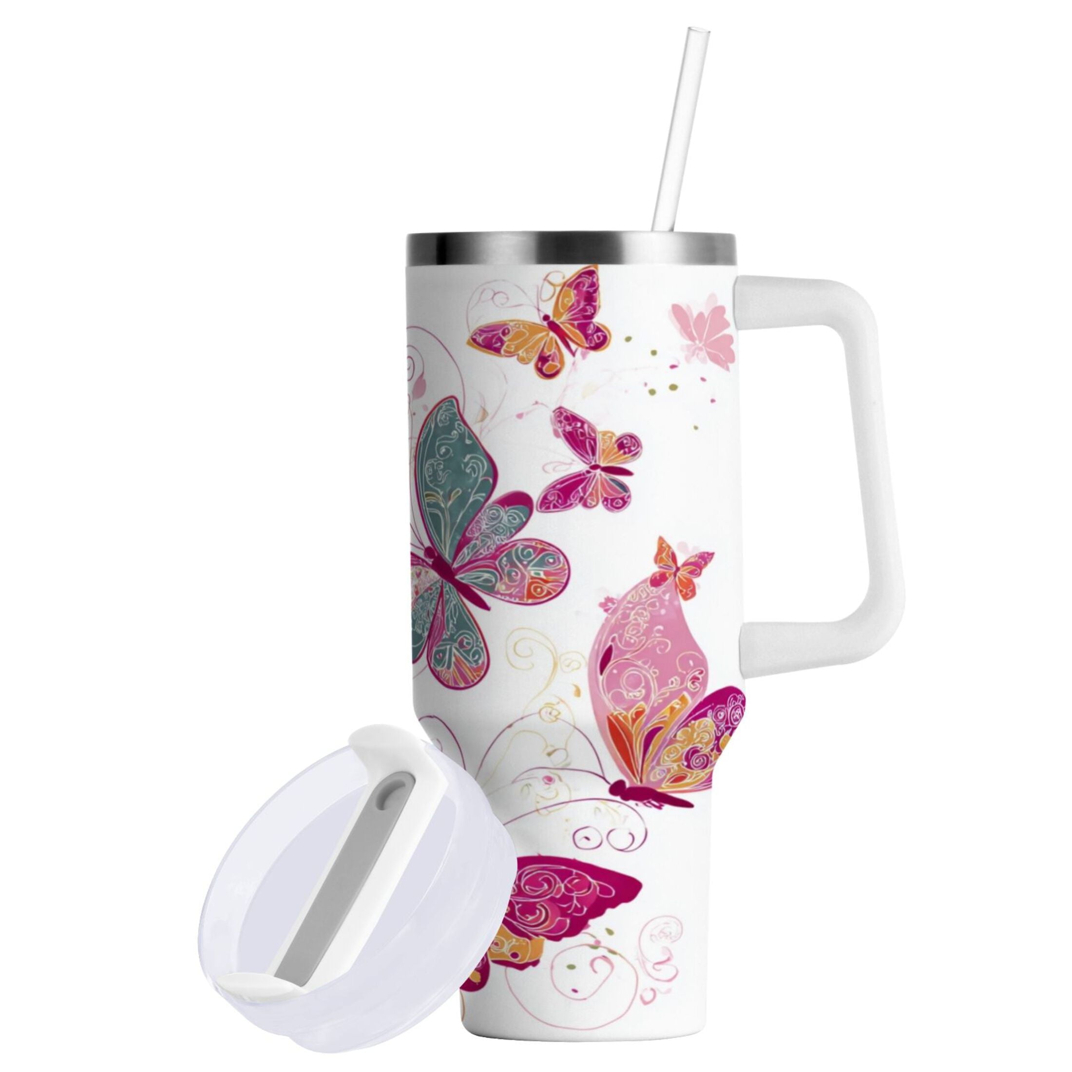 30 oz Insulated Stainless Steel Tumbler Double Wall Stainless Steel Tumbler with 2-Way Drinking Colorful Butterflies - E5BF