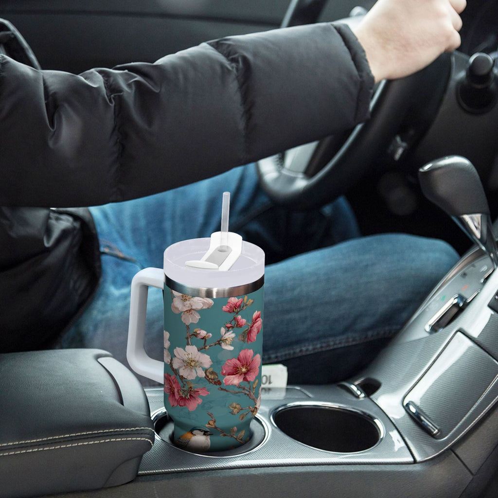 30 oz Insulated Stainless Steel Tumbler Double Wall Stainless Steel Tumbler with 2-Way Drinking Birds and Cherry Pattern - HXWC