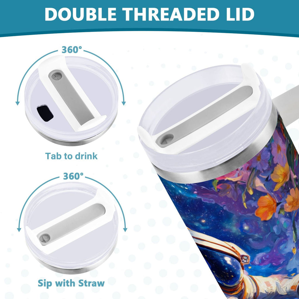 40 oz Insulated Stainless Steel Tumbler Double Wall Stainless Steel Tumbler with 2-Way Drinking Astronaut and Colorful Flowers - YVWD