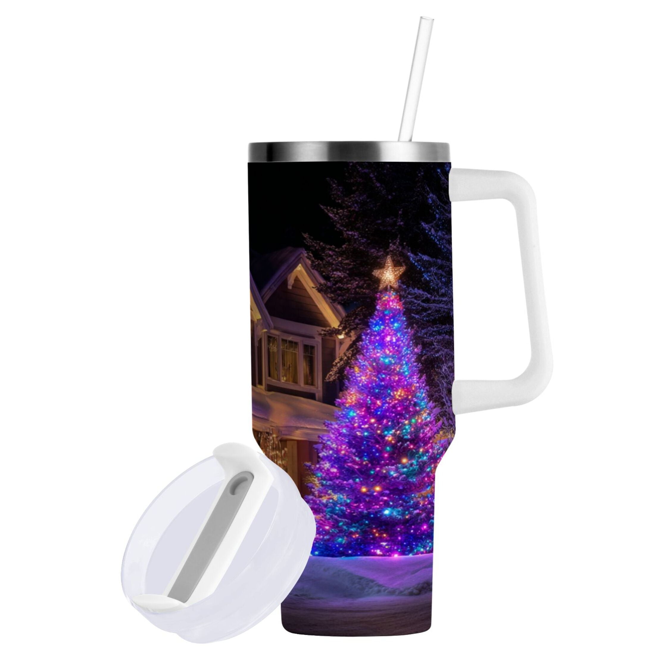 40 oz Insulated Stainless Steel Tumbler Double Wall Stainless Steel Tumbler with 2-Way Drinking Christmas Trees with Lights - AC7Y
