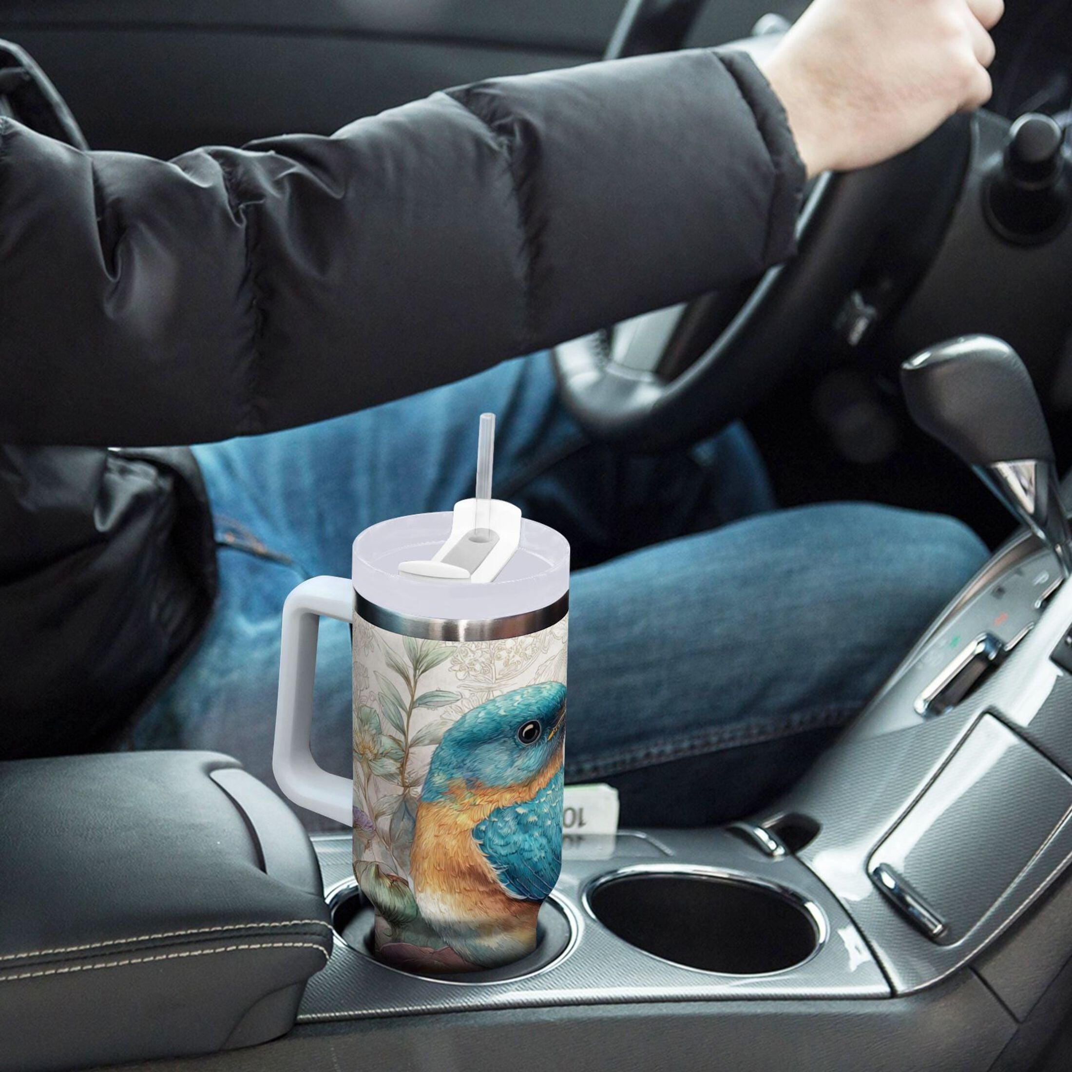 30 oz Insulated Stainless Steel Tumbler Double Wall Stainless Steel Tumbler with 2-Way Drinking Bluebird and Flower - M4U3