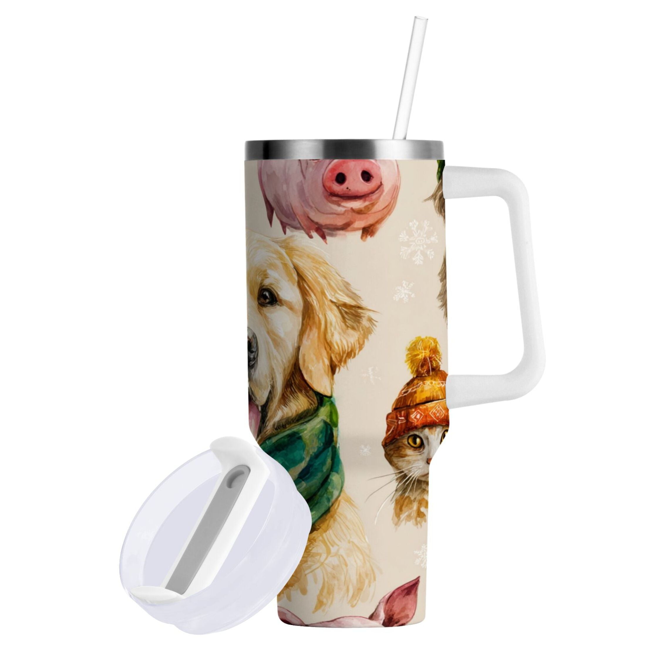 30 oz Insulated Stainless Steel Tumbler Double Wall Stainless Steel Tumbler with 2-Way Drinking Watercolor Animals Pattern - CWCQ