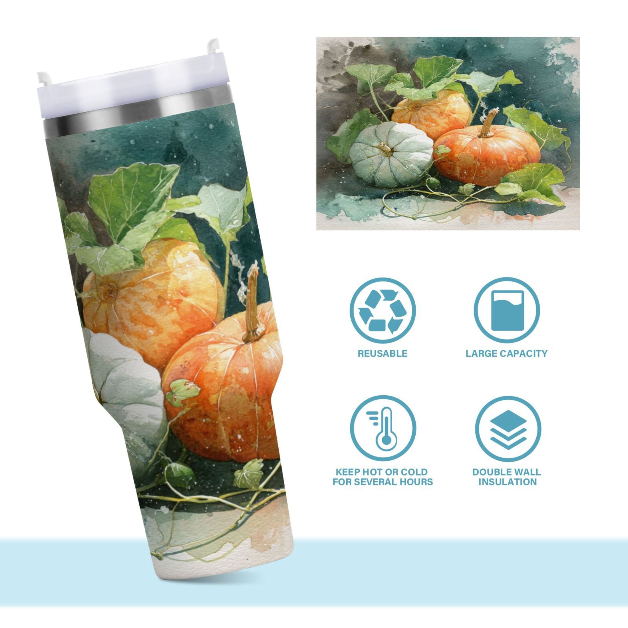 40 oz Insulated Stainless Steel Tumbler Double Wall Stainless Steel Tumbler with 2-Way Drinking Orange and White Pumpkins - DEDT