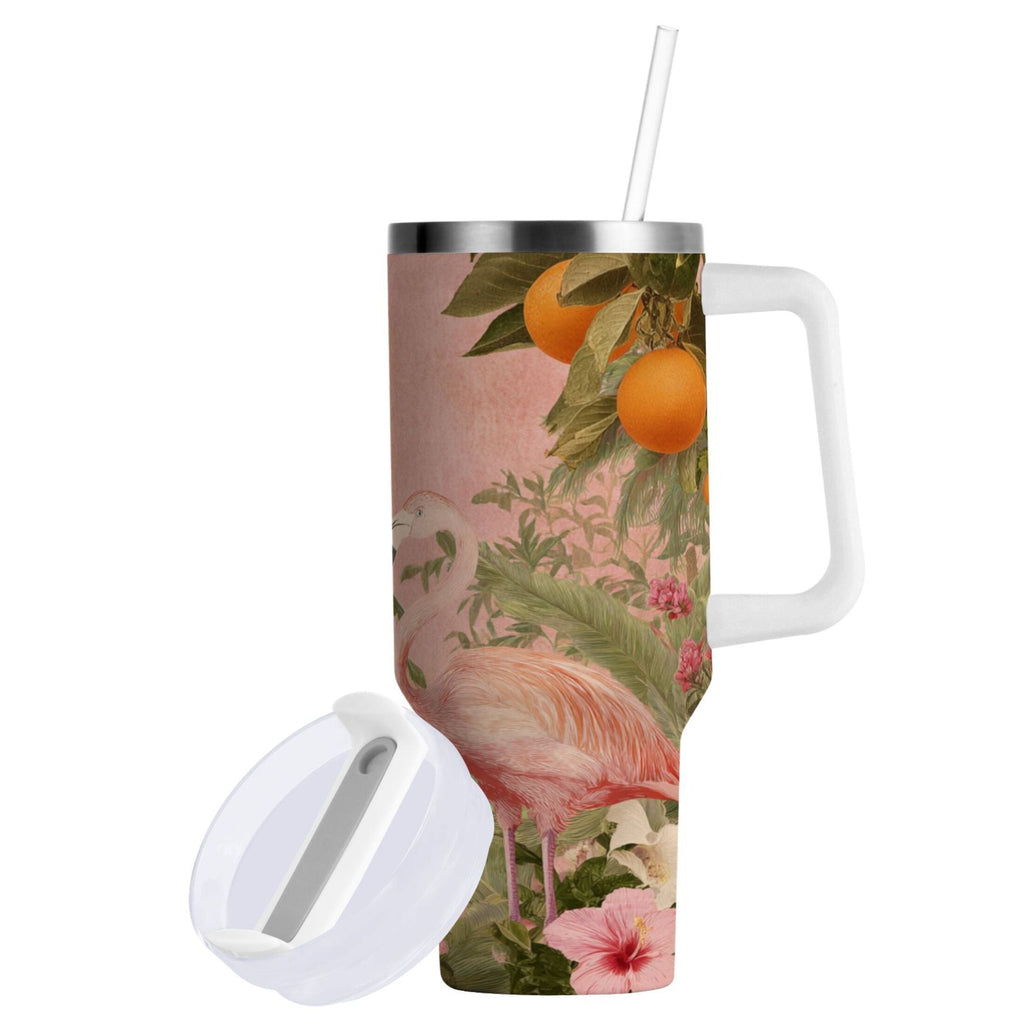 40 oz Insulated Stainless Steel Tumbler Double Wall Stainless Steel Tumbler with 2-Way Drinking Flamingos in Tropical Garden - D7RC