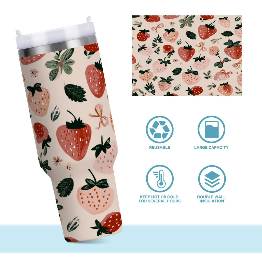 30 oz Insulated Stainless Steel Tumbler Double Wall Stainless Steel Tumbler with 2-Way Drinking Cute Pinks Strawberries - 3FLG
