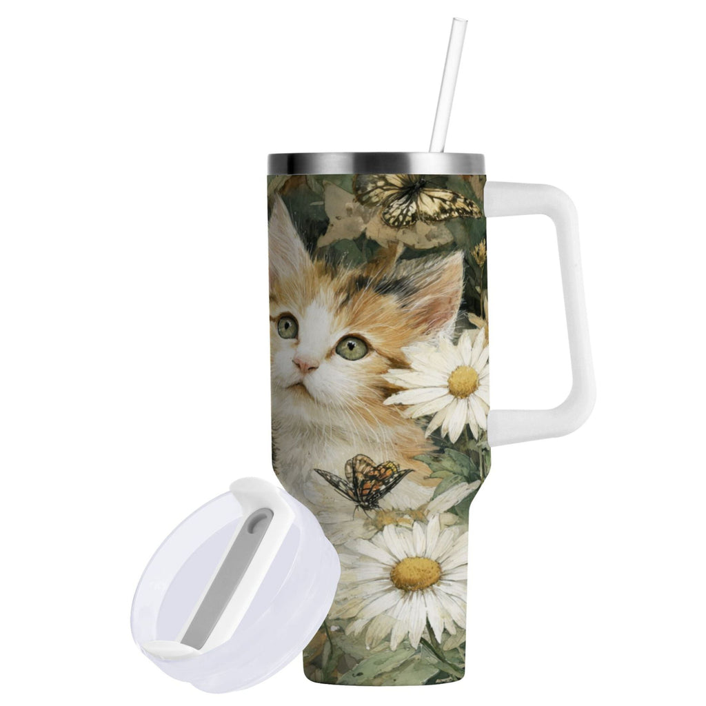 30 oz Insulated Stainless Steel Tumbler Double Wall Stainless Steel Tumbler with 2-Way Drinking Adorable Cats and Daisies - XUTJ