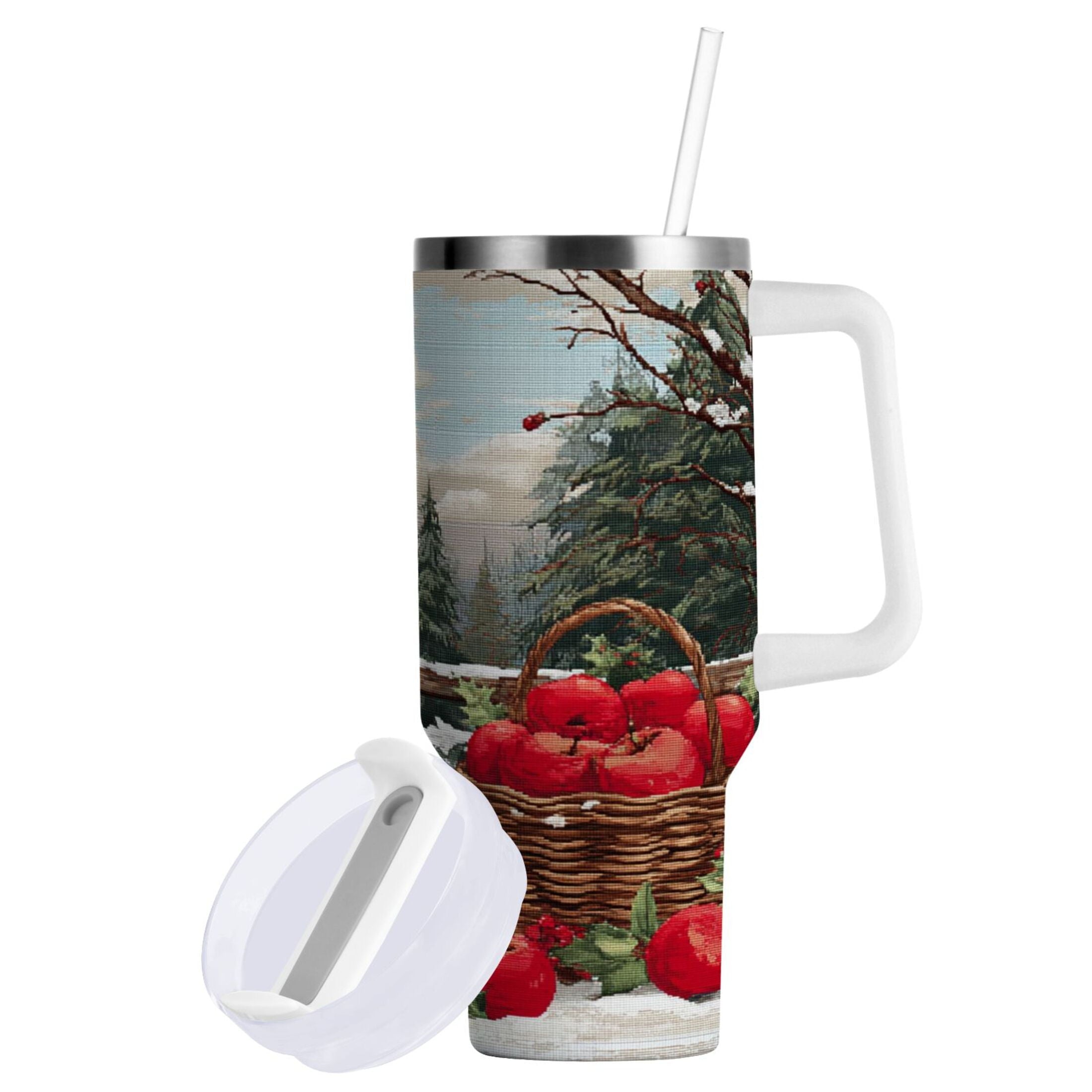 30 oz Insulated Stainless Steel Tumbler Double Wall Stainless Steel Tumbler with 2-Way Drinking Apples and Baskets - 2AQA