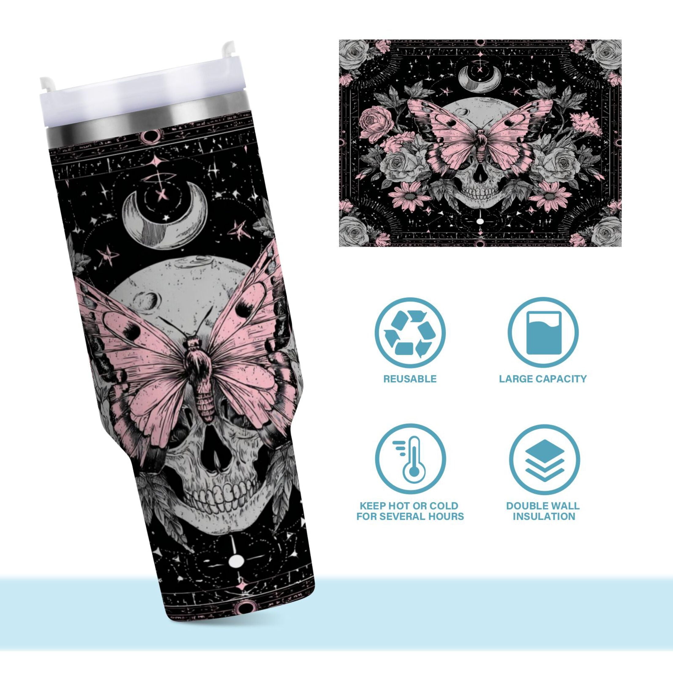 30 oz Insulated Stainless Steel Tumbler Double Wall Stainless Steel Tumbler with 2-Way Drinking Butterfly by Moon and Flowers - 2MDV