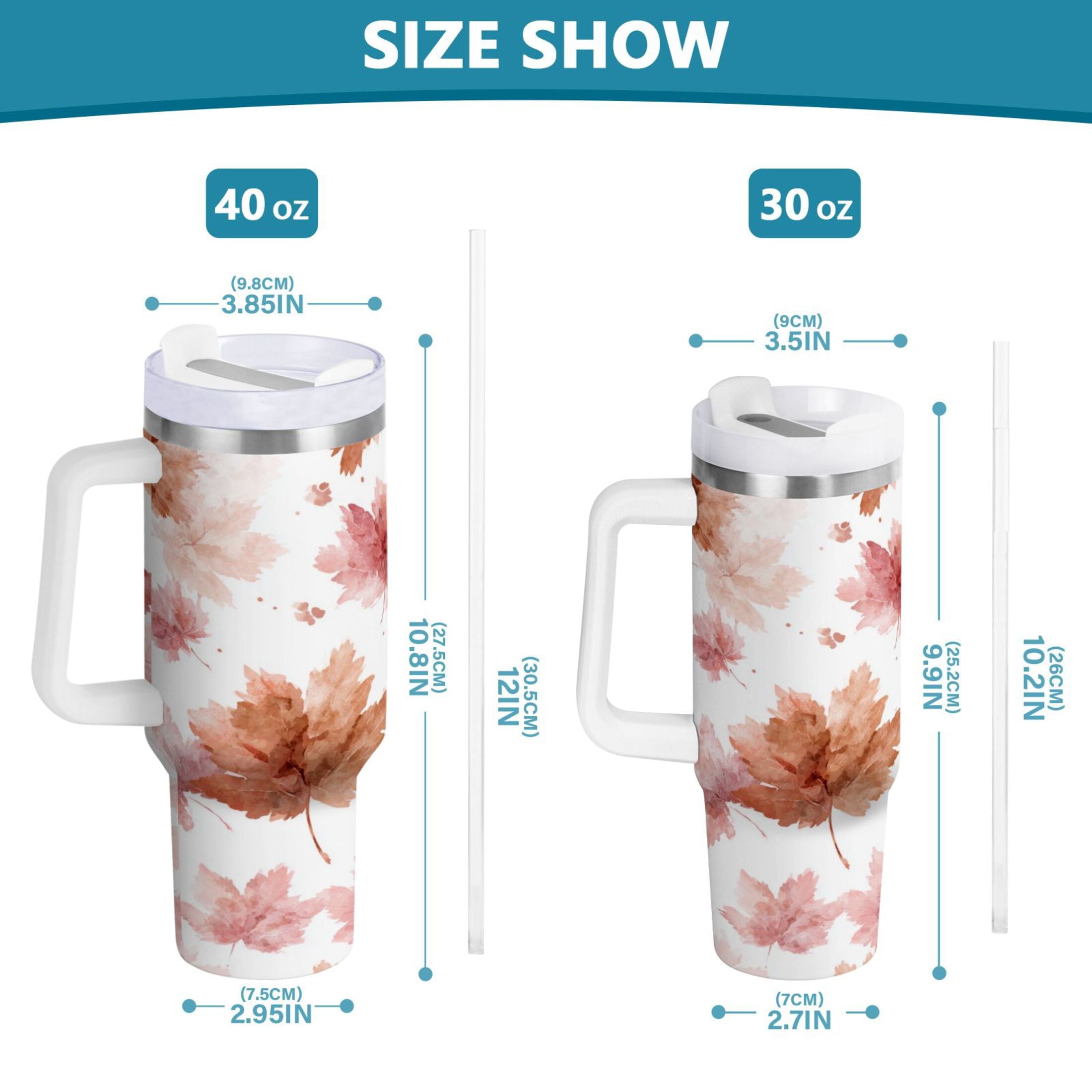 30 oz Insulated Stainless Steel Tumbler Double Wall Stainless Steel Tumbler with 2-Way Drinking Watercolor Pink Maple Leaves - 4TKM