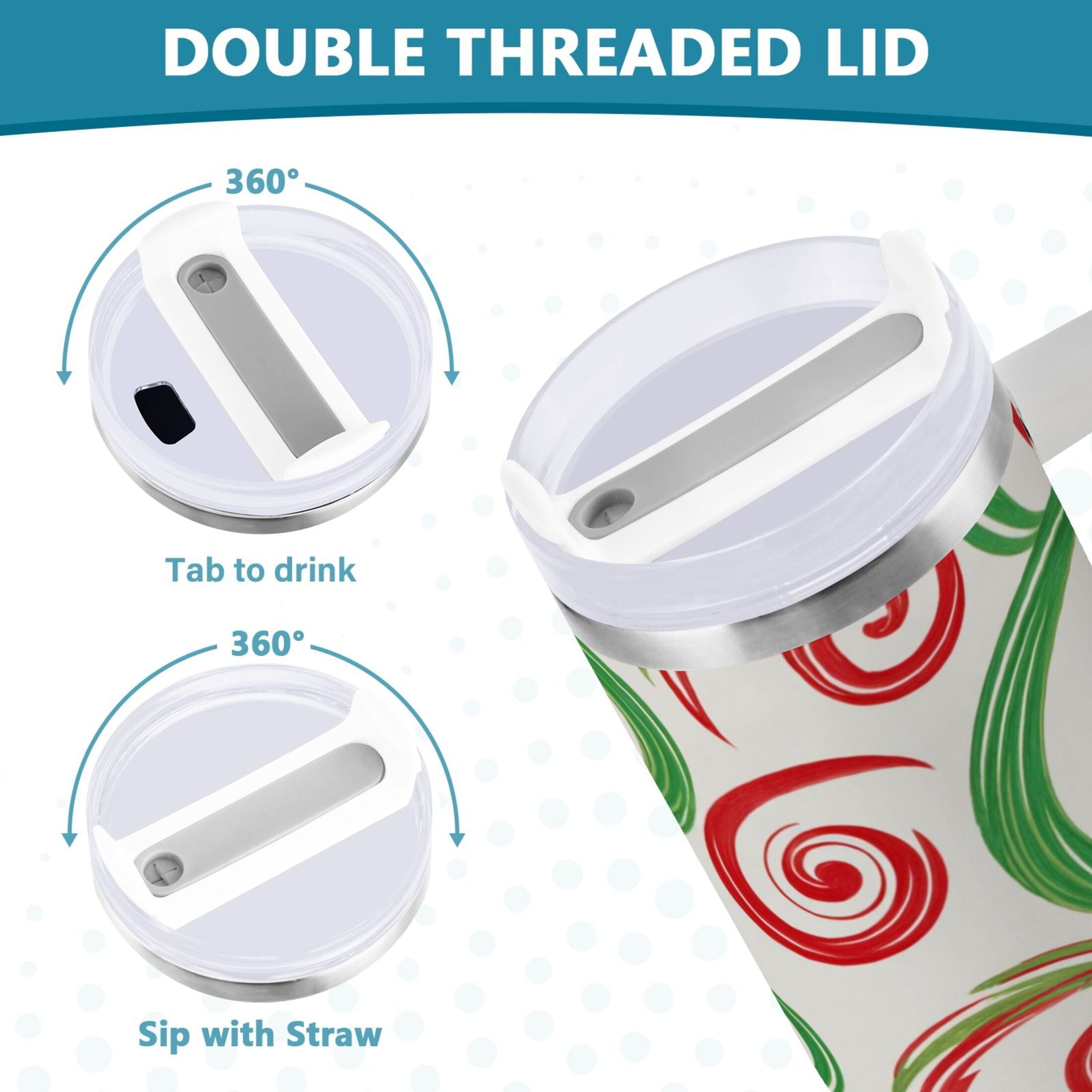 40 oz Insulated Stainless Steel Tumbler Double Wall Stainless Steel Tumbler with 2-Way Drinking Red and Green Swirls - 3TLR