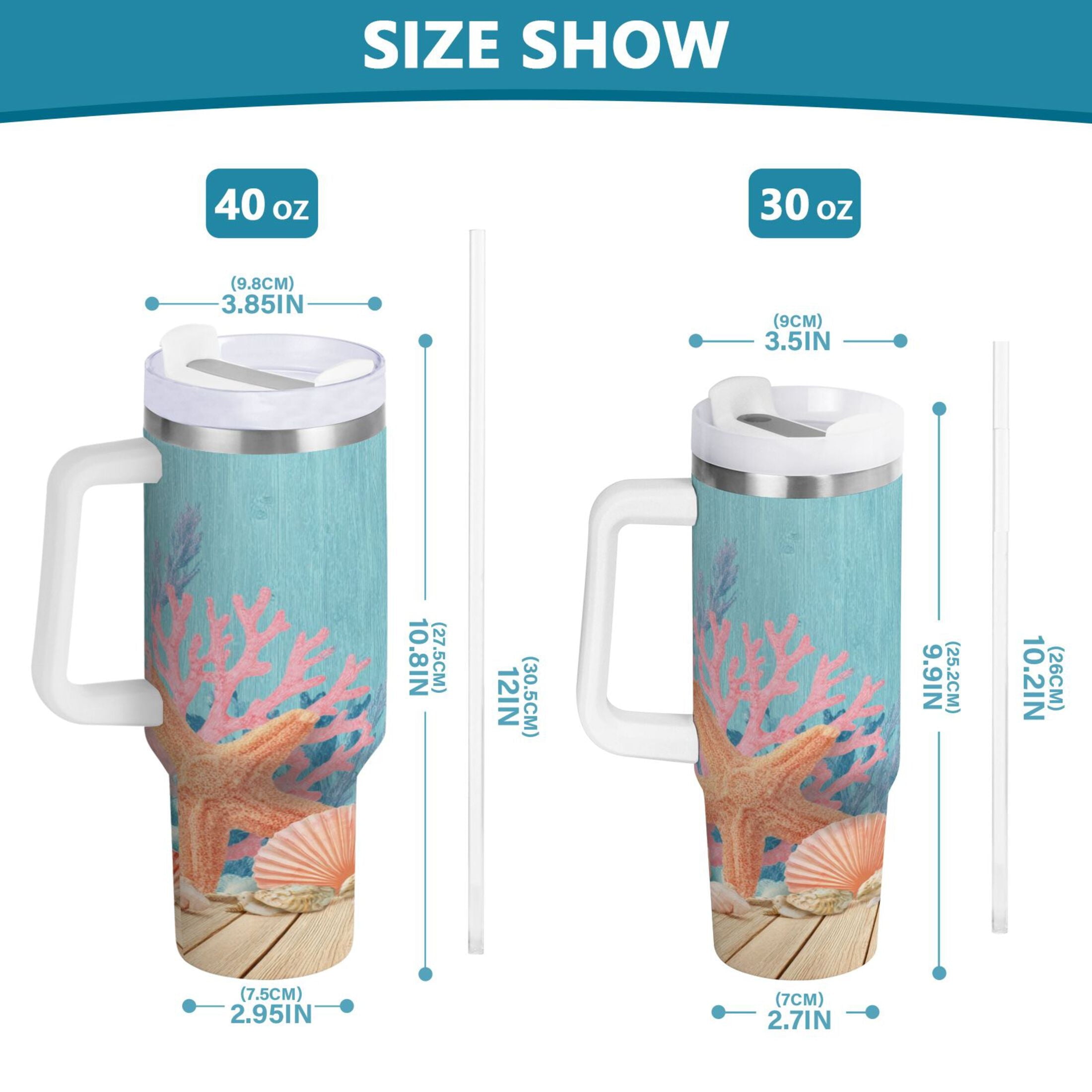 40 oz Insulated Stainless Steel Tumbler Double Wall Stainless Steel Tumbler with 2-Way Drinking Colorful Starfish and Seashells - 8NVH