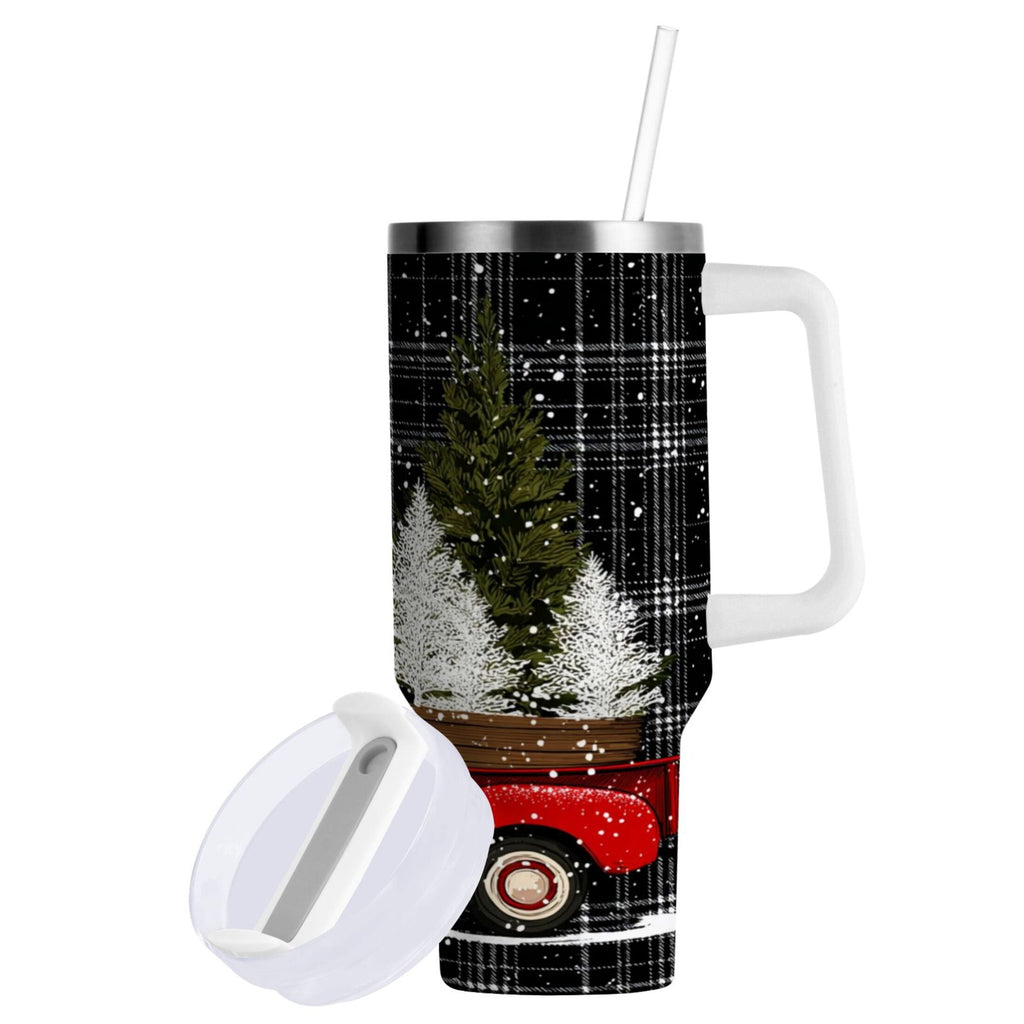 40 oz Insulated Stainless Steel Tumbler Double Wall Stainless Steel Tumbler with 2-Way Drinking Red Truck with Christmas Tree - XLKJ