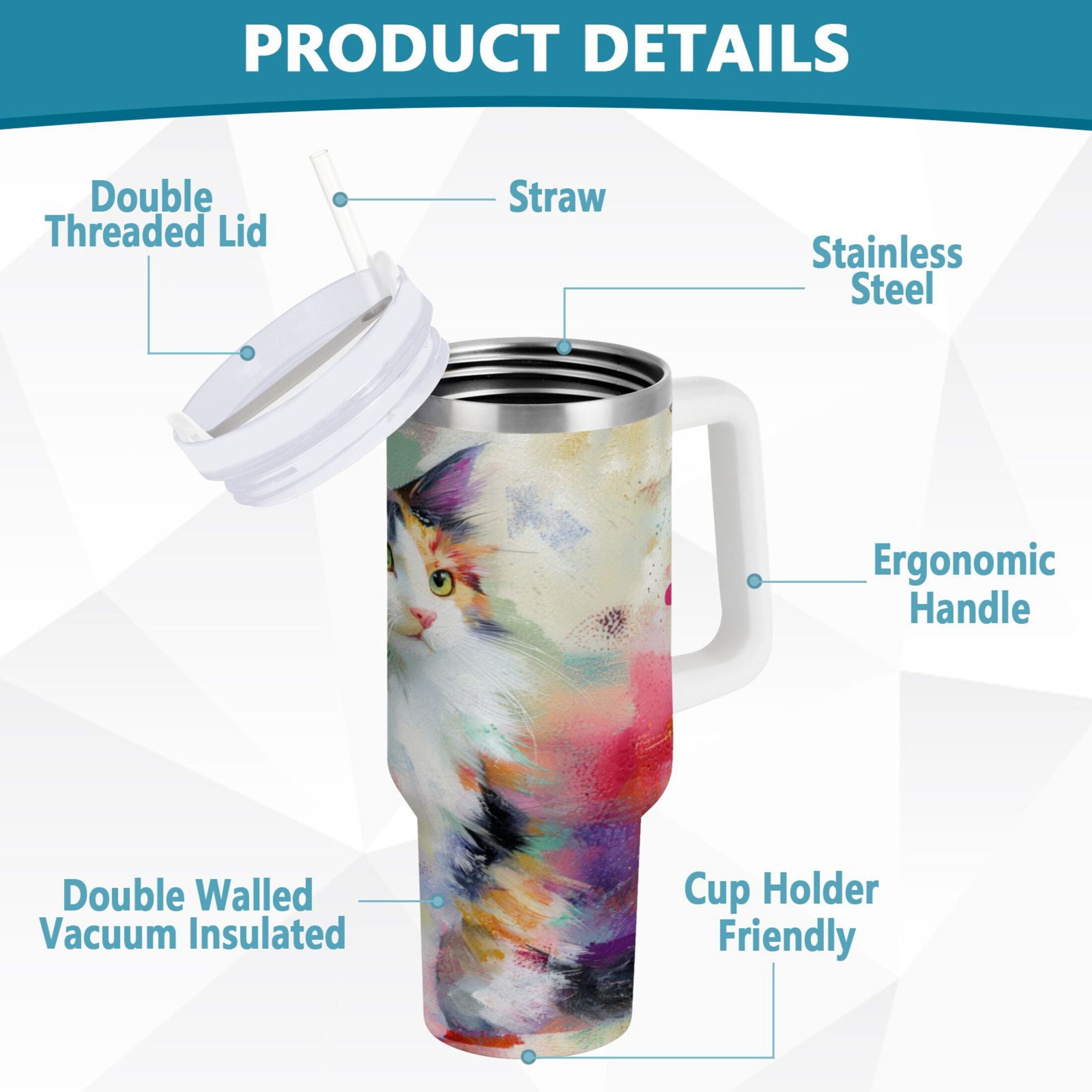 30 oz Insulated Stainless Steel Tumbler Double Wall Stainless Steel Tumbler with 2-Way Drinking Charming Hairy Cat - XXPK